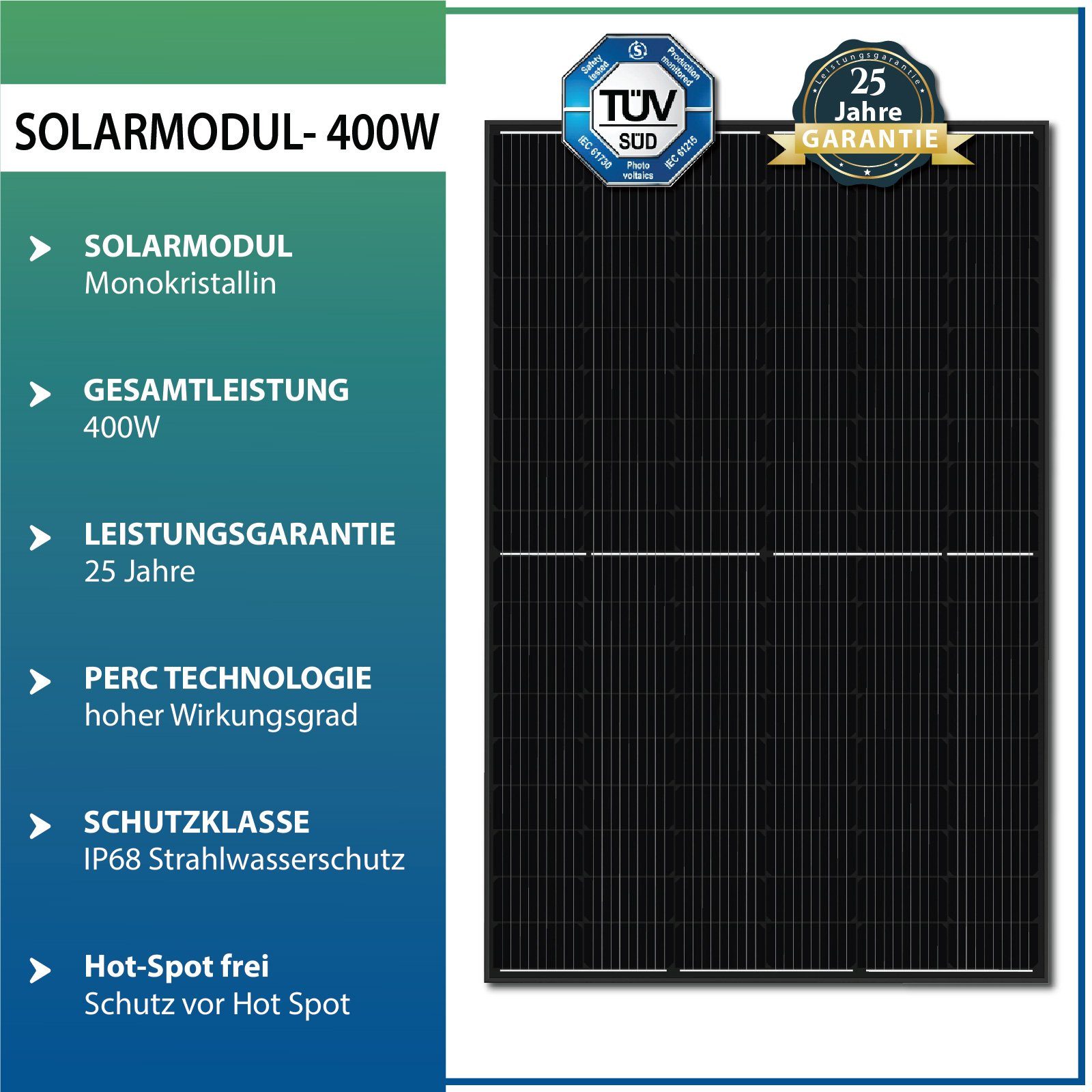 Solarmodul, (Solarpanel), Schwarz Wasserdichtigkeitsklasse Photovoltaik Sunpro Solaranlage Hieff 400 Watt Schwarz IP68 Stegpearl monokristalline