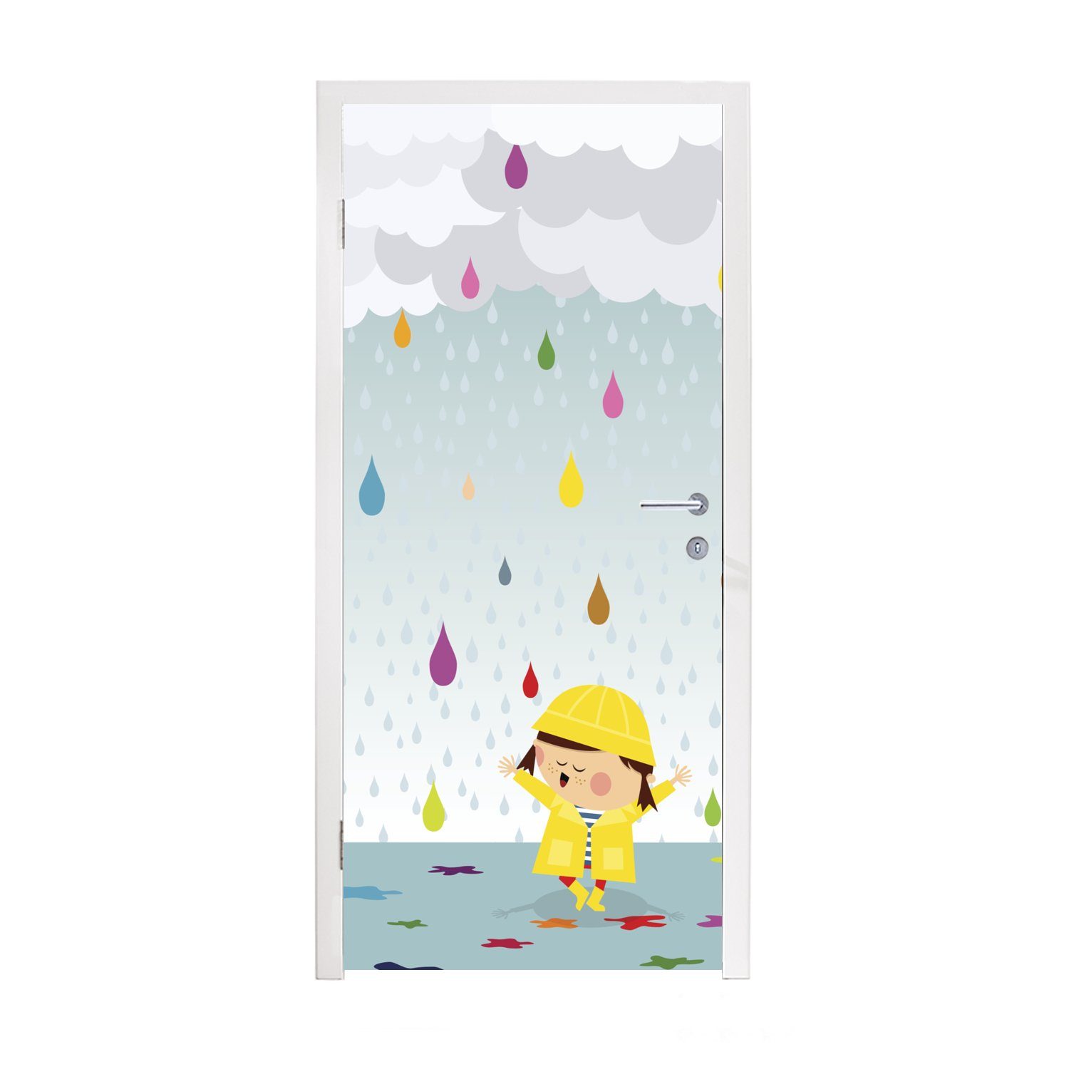MuchoWow Türtapete Illustration eines Kindes, umgeben von bunten Wassertropfen, Matt, bedruckt, (1 St), Fototapete für Tür, Türaufkleber, 75x205 cm | Türtapeten