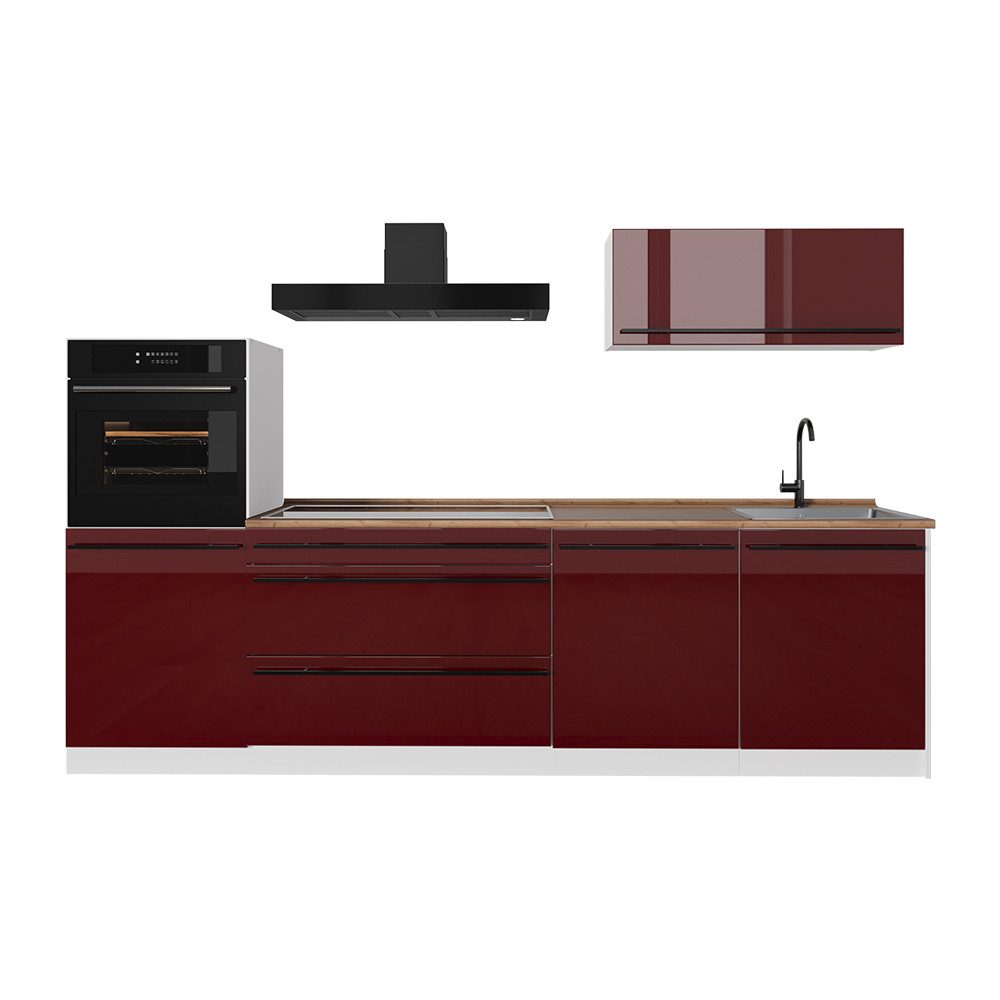 Vicco Küchenzeile R-Line, Rot Hochglanz/Weiß, 280 cm Arbeitsplatte Goldkraft Eiche