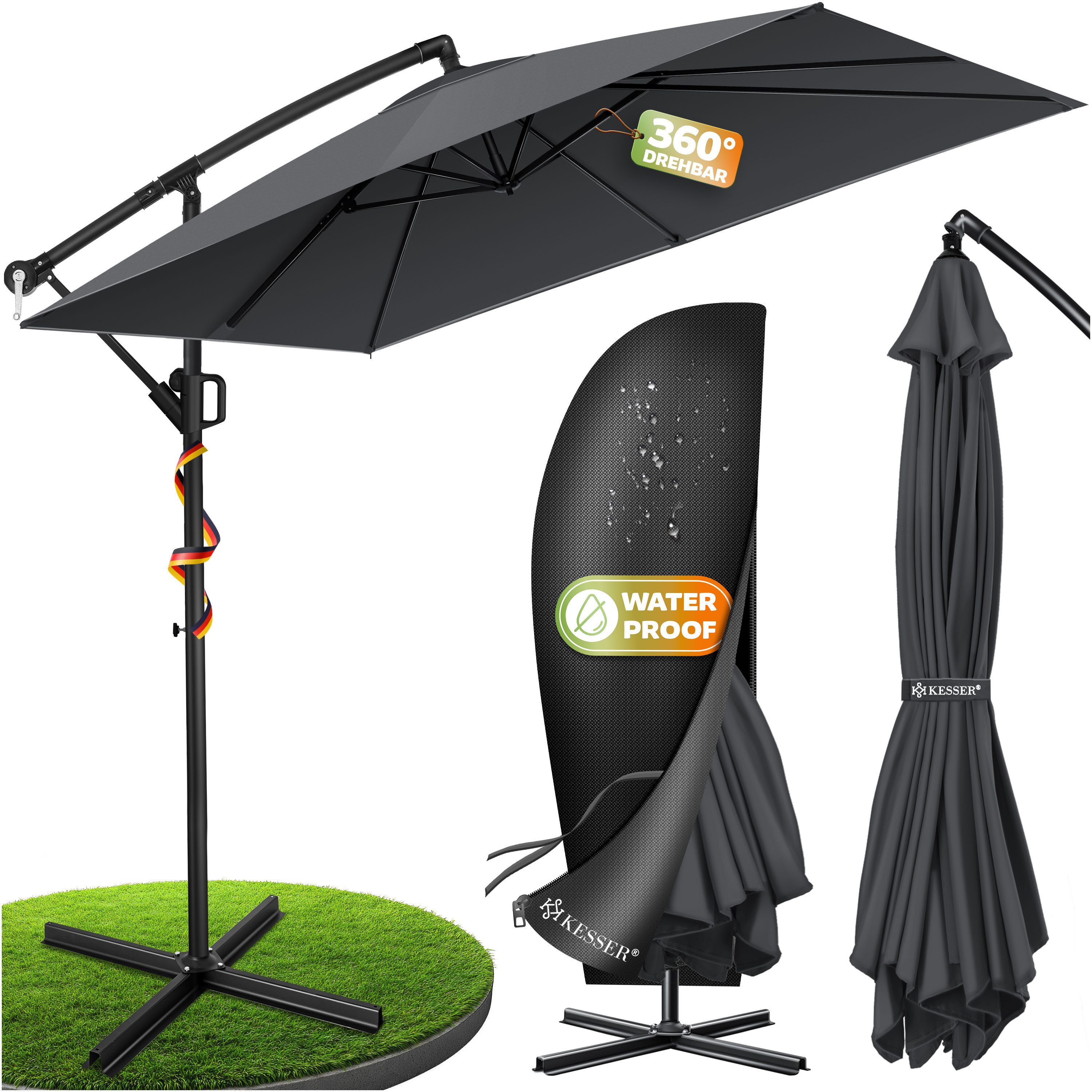 KESSER Ampelschirm, Ø350cm Sonnenschirm inkl. Abdeckung & Wind- & wetterfest