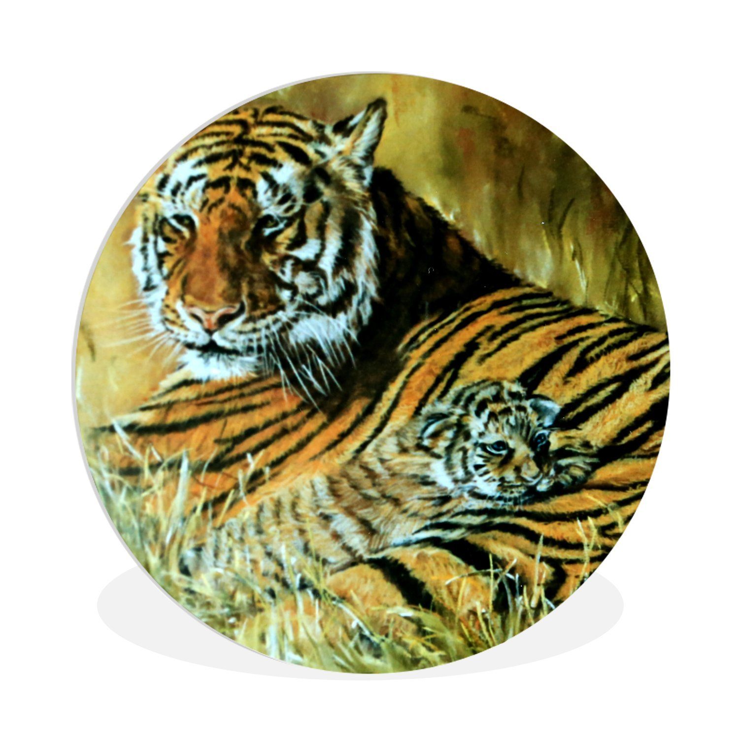 MuchoWow Gemälde Ölgemälde Tiger und ihr Junges, (1 St), Kreis Wanddekoration Forex, Rundes Wandbild, Wohnzimmer, 30x30 cm | Gemälde