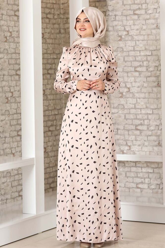 Modavitrini Satinkleid Abendleid gemustertes Kleid Abaya Abiye Mode Creme aus Satin Hijab
