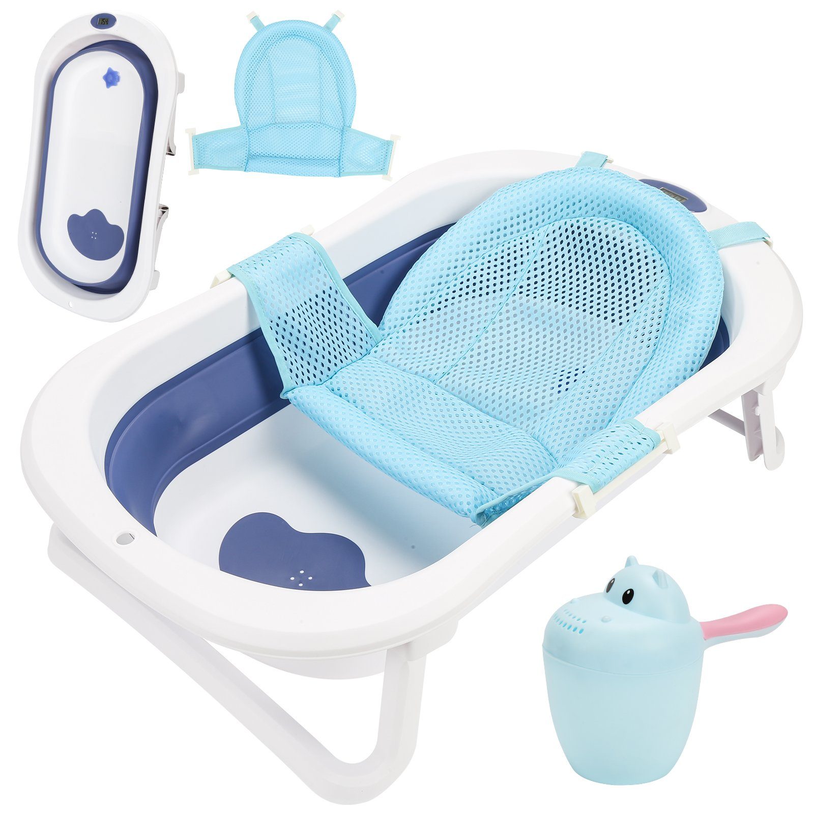 Gimisgu Babybadewanne Baby Badewanne Faltbare Babywanne mit kissen Ergonomische Kunststoff Blau