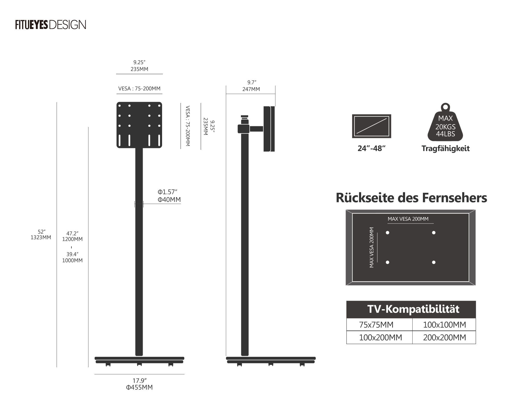 FITUEYES, (bis 48,00 Zoll, mobiler TV-Ständer mit Rollen, höhenverstellbar, schwenkbar, ±90° Bildschirmdrehung)