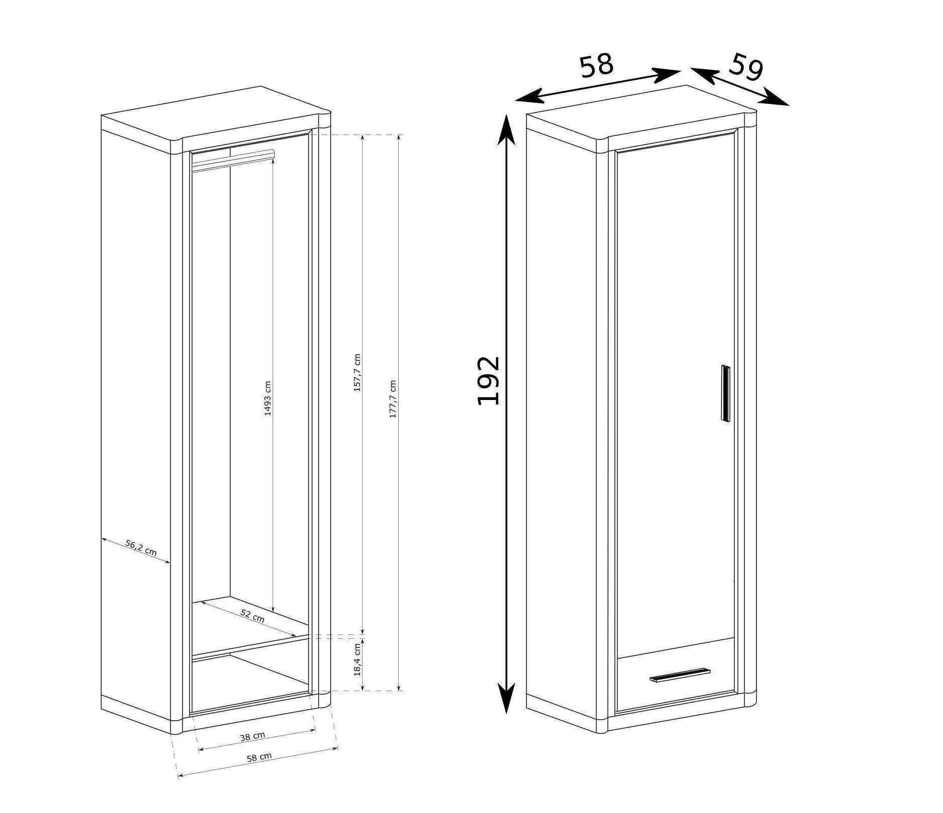 Masseno Drehtürenschrank MALAGA 58 cm Kleiderschrank 1 Türen und 1 Schubladen Eiche Sonoma