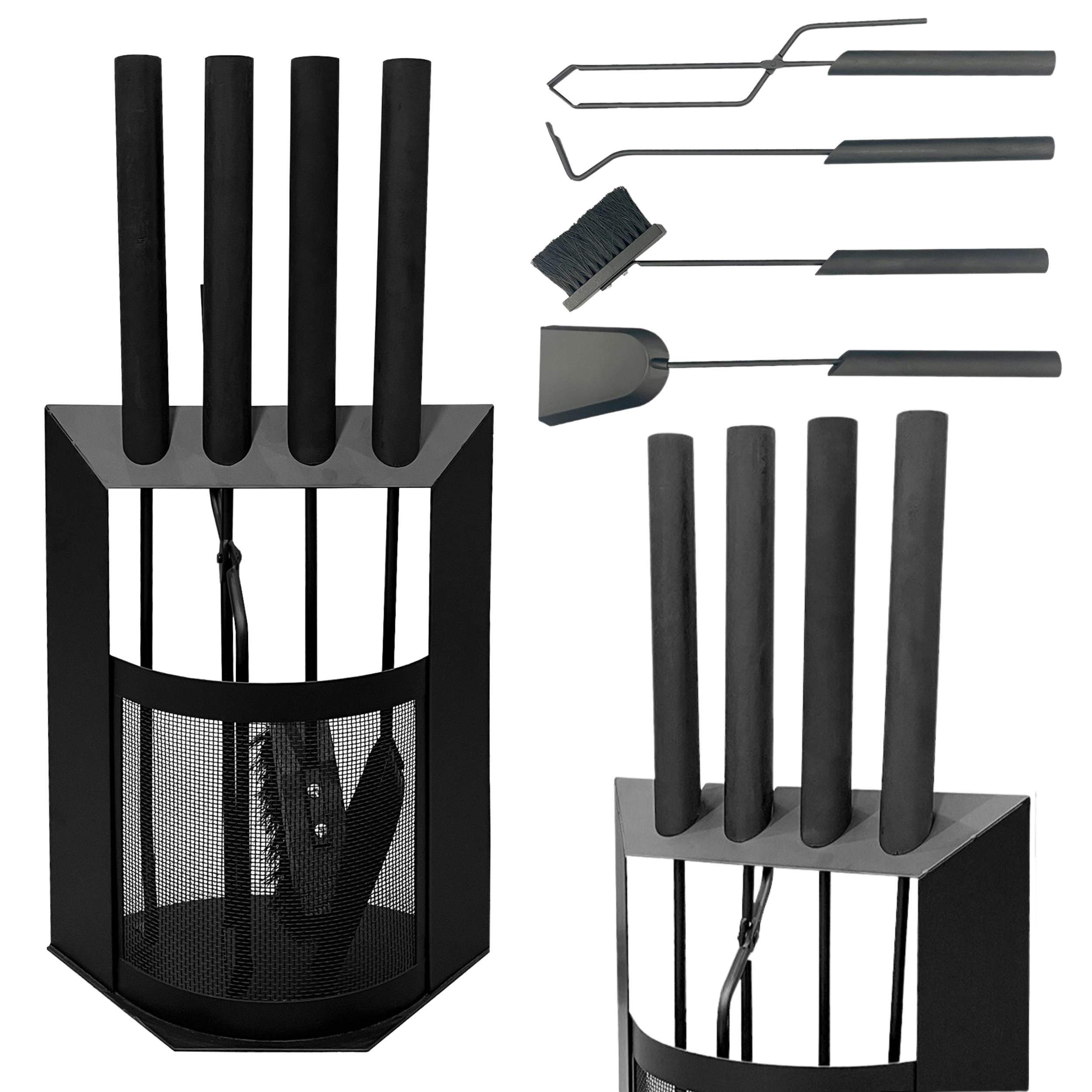 DanDiBo Kamingarnitur Kaminbesteck Schwarz Modern 5 Teilig Set 96616 Kaminset Ofenbesteck, (5-St., 5-teilig), Schürhaken, Zange, Besen, Schaufel, Ständer