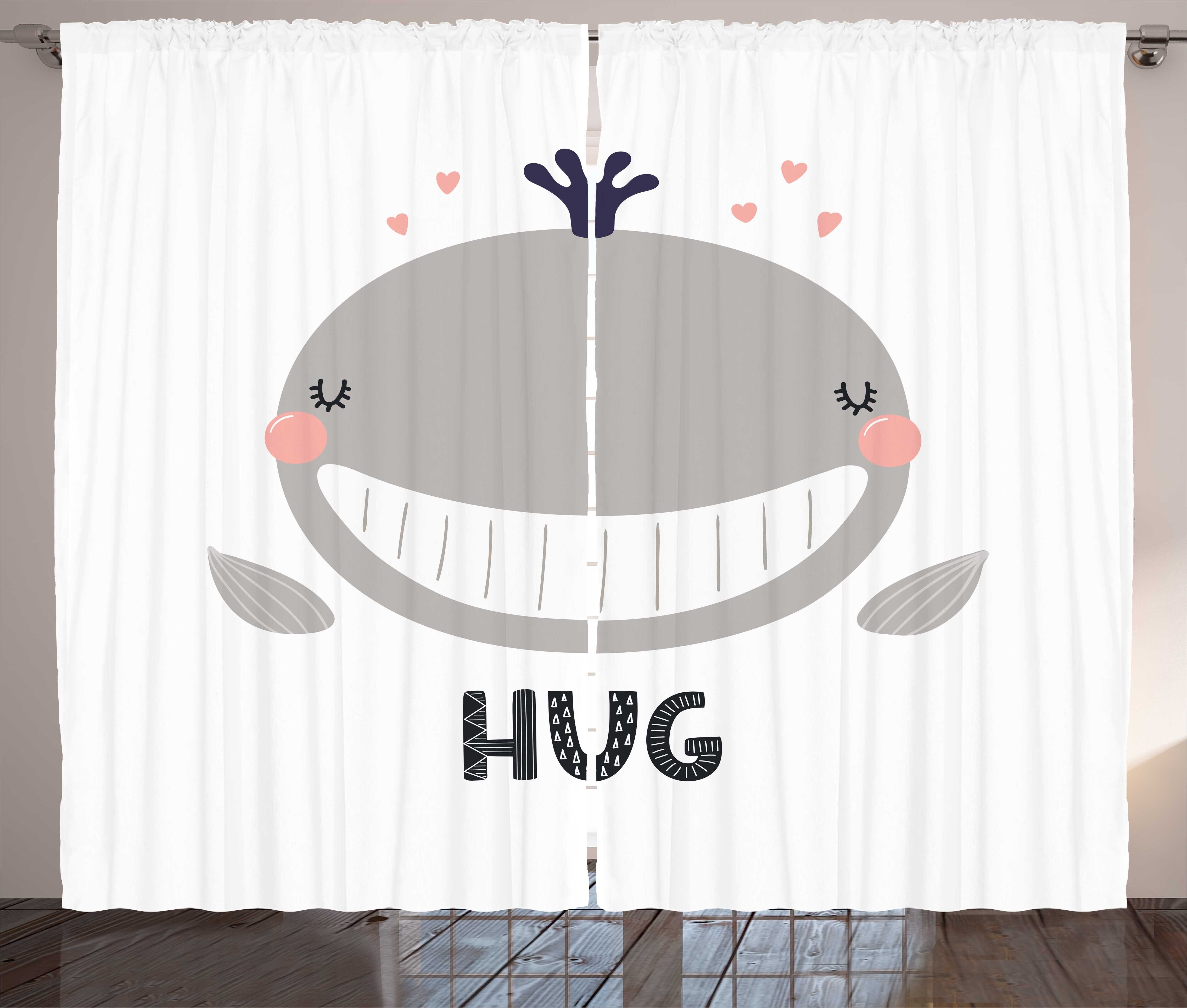 Gardine Schlafzimmer Kräuselband Vorhang mit Schlaufen und Haken, Abakuhaus, Lächeln Fröhlich Wal Hug Beschriftung