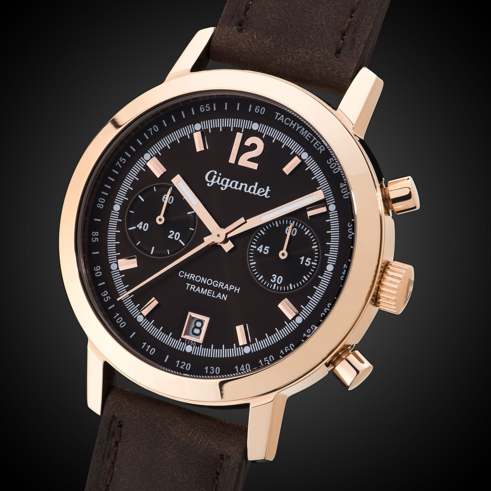 Gigandet Chronograph Armbanduhr, Herrenuhr, Sportuhr, 43mm, TRAMELAN G10-008, Mineralglas, Datumsanzeige, Lederband, 10bar/100m wasserdicht