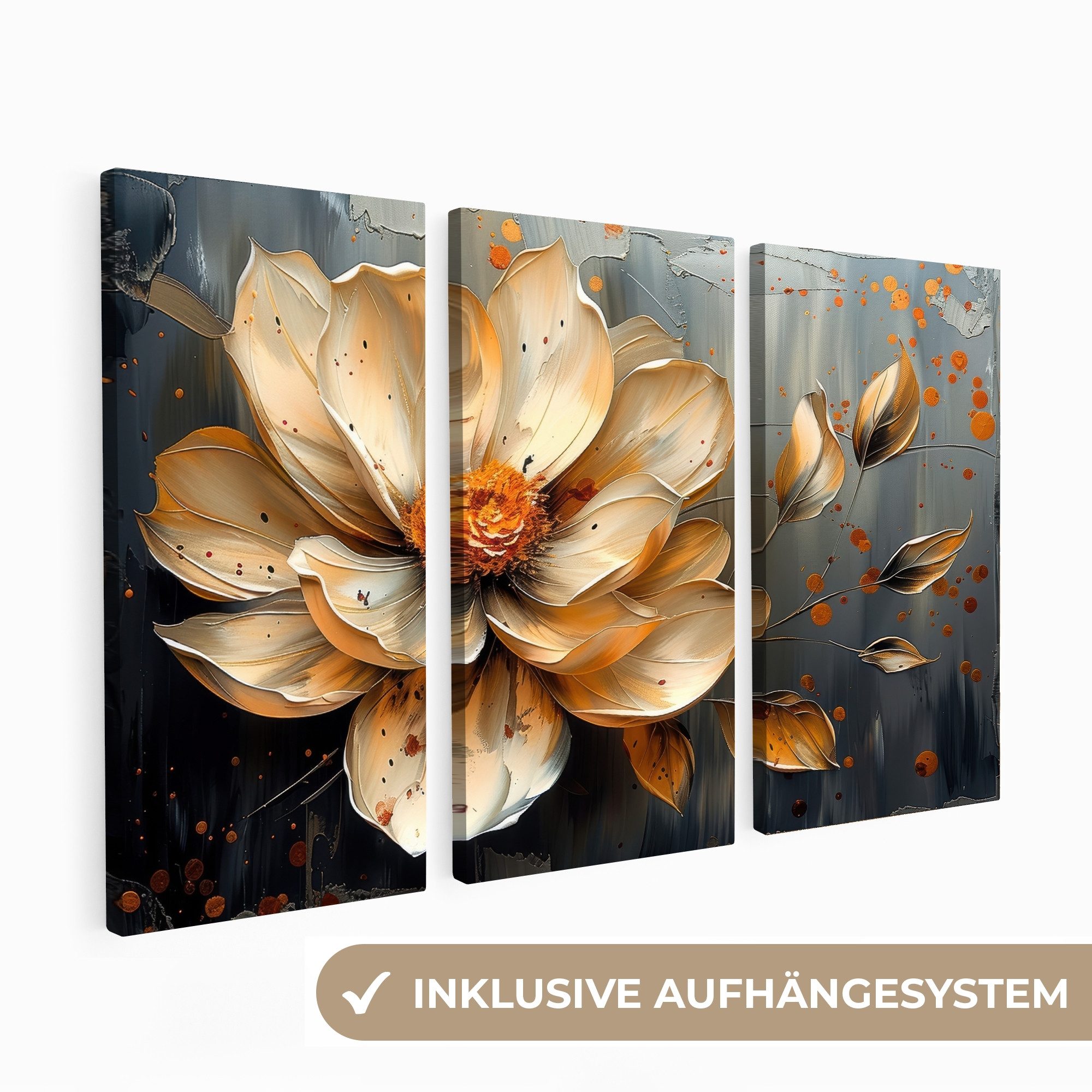MuchoWow Leinwandbild Blume - Gold - Abstrakt - Farbe, Fotodruck (3 St), Wand Bilder 3 Set, Deko Schlafzimmer Wohnzimmer Flur 60x40 cm