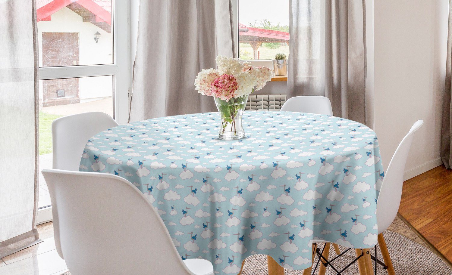 Abakuhaus Tischdecke Kreis Tischdecke Abdeckung für Esszimmer Küche Dekoration, Kindergarten Wolken und Störche im Himmel