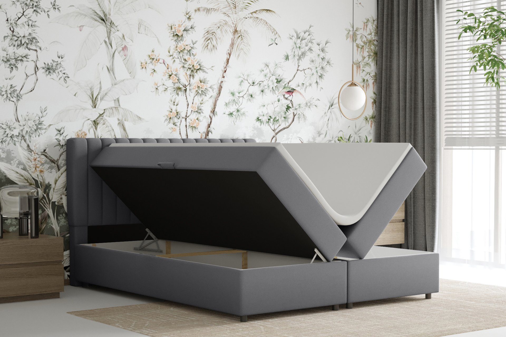 Homesy Boxspringbett EVEREST – Komfortables Doppelbett im modernen Design (Bett inkl. zwei Bettkästen und Topper), Große Auswahl an Polsterfarben, inklusive Matratze und Topper