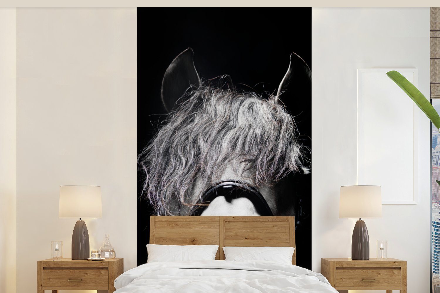 MuchoWow Fototapete Pferd - Porträt - Schwarz - Weiß, Matt, bedruckt, (2 St), Vliestapete für Wohnzimmer Schlafzimmer Küche, Fototapete