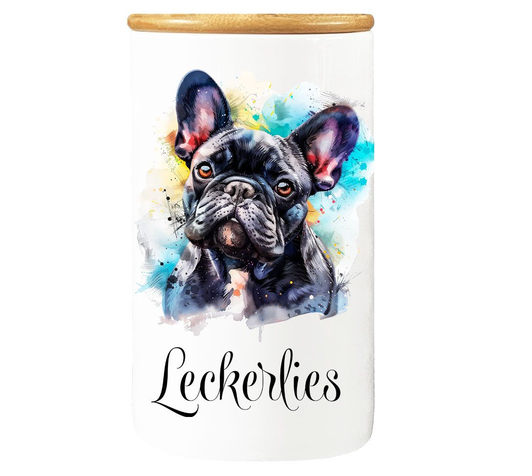 Cadouri Vorratsdose FRANZÖSISCHE BULLDOGGE - XL Leckerlidose Hund - für Hundekekse, Porzellan, (Aufbewahrungsdose für Hundeleckerlies, 2-tlg., 1x Porzellandose mit Bambusdeckel), Hundekeksdose, handgefertigt in Deutschland, für Hundebesitzer, 950 ml