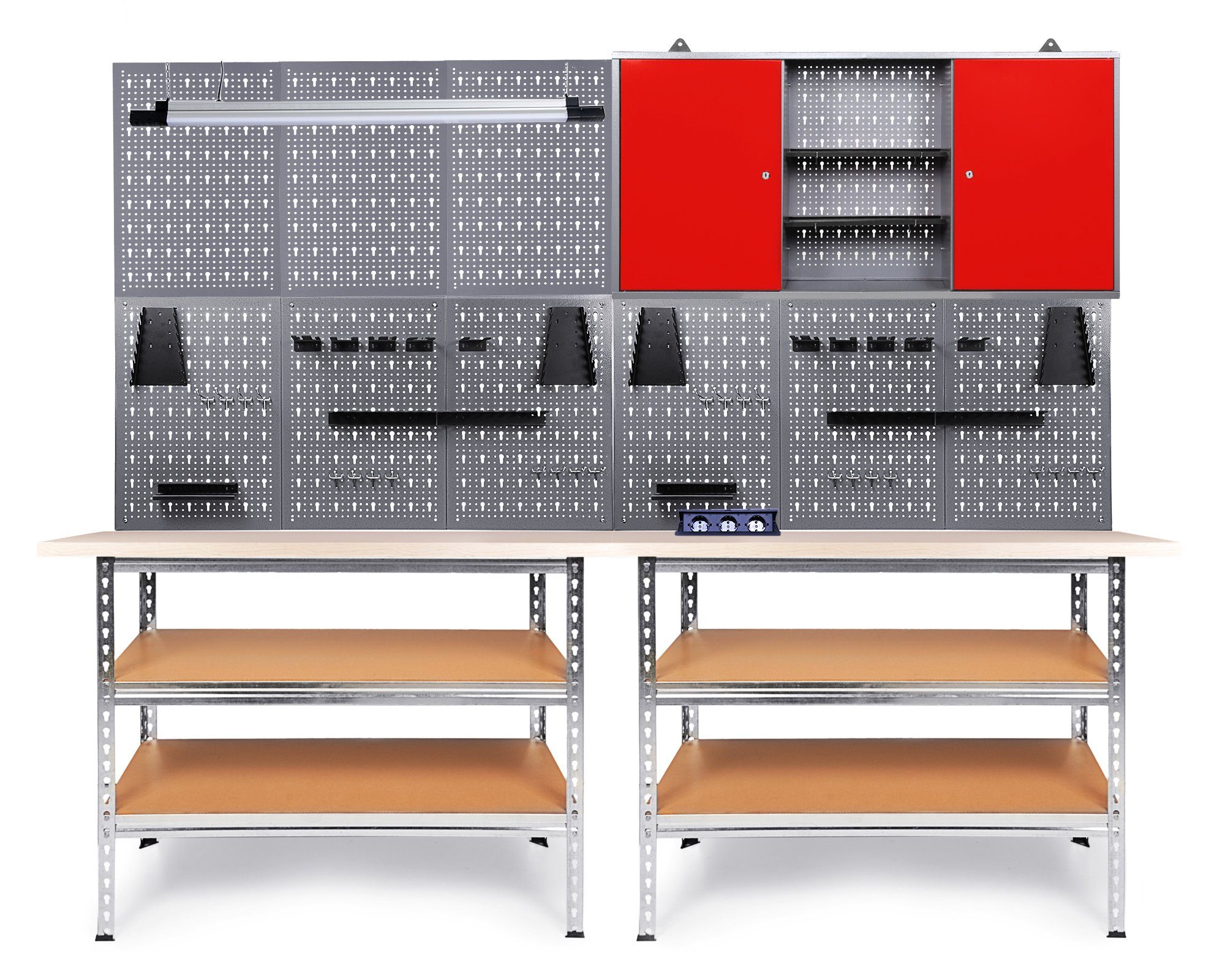 ONDIS24 Werkstatt-Set 240 cm Werkbank Uwe Arbeitshöhe 92 cm, 2,40 m x 2,12 m x 0,60 m, Bluetooth LED Lautsprecher rot