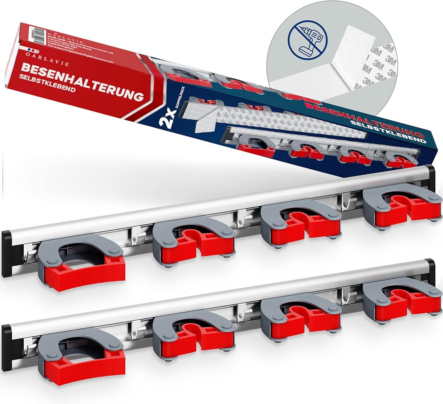 Garlavie Halterung Besenhalterung Wand selbstklebend 4 Halter und 5 Haken, (für Besen, Gartengeräte und Küche, 2-tlg., Besenhalter ohne Bohren, Halterung Organizer für Garten und Haushalt)