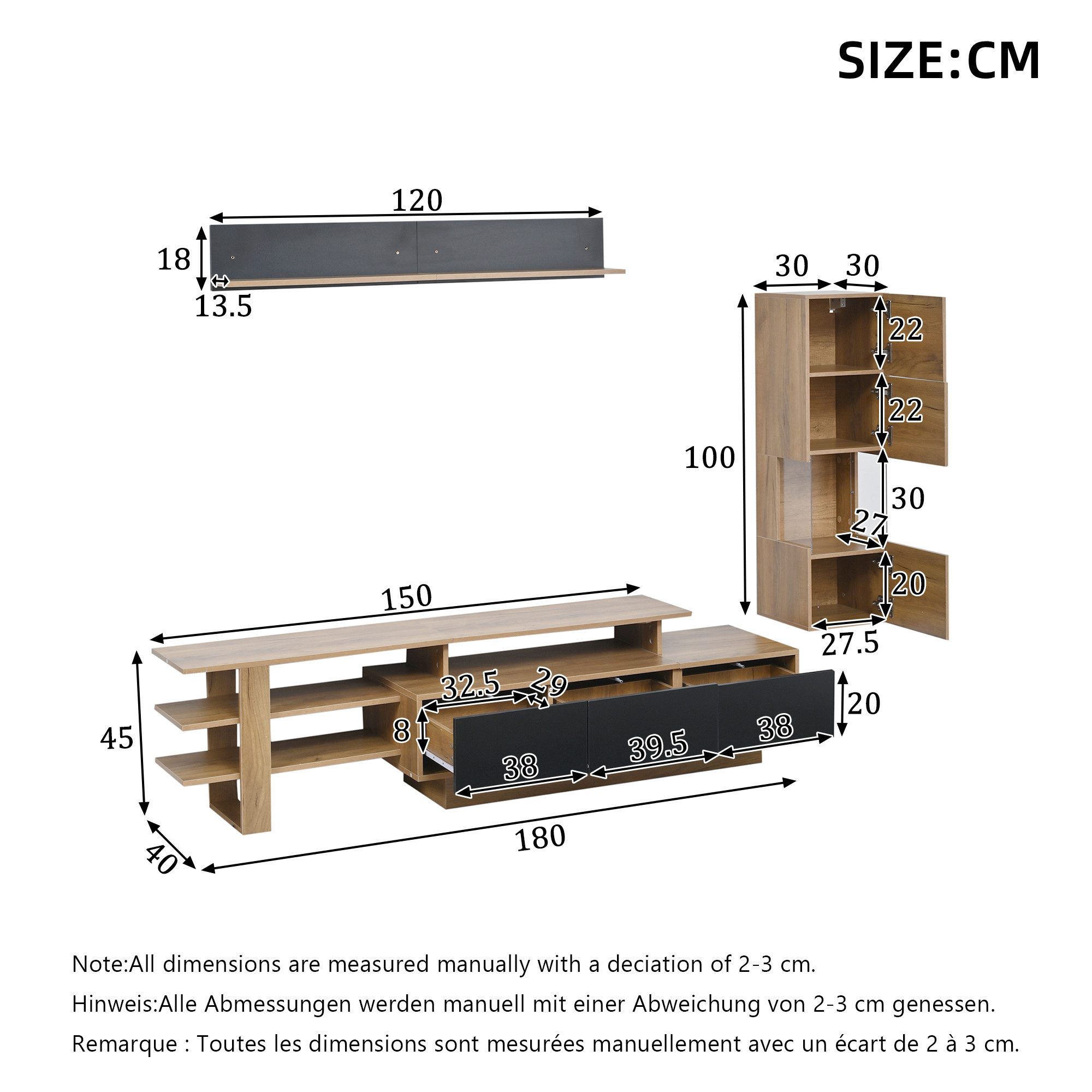 KLAM HOME Wohnwand 3-tlg. TV Wohnwand Set Schwarz + Holzoptik mit LED, (Wohnzimmer Set mit TV-Schrank, Vitrine & Hängeregal bis 80), TV Möbel Set mit 3 Schubladen & App-LED-Beleuchtung