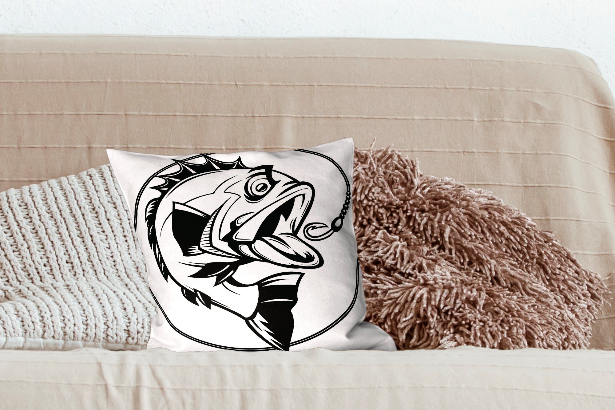 am Sofakissen eines Eine Deko, Füllung MuchoWow Cartoon-Illustration mit Zierkissen Fisches Schlafzimmer, für Dekokissen Wohzimmer, Haken,