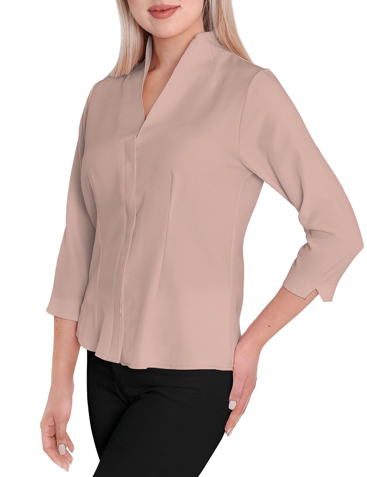 HEVENTON Klassische Bluse 3/4-Ärmel, Business-Bluse mit Kelchkragen, bügelleicht