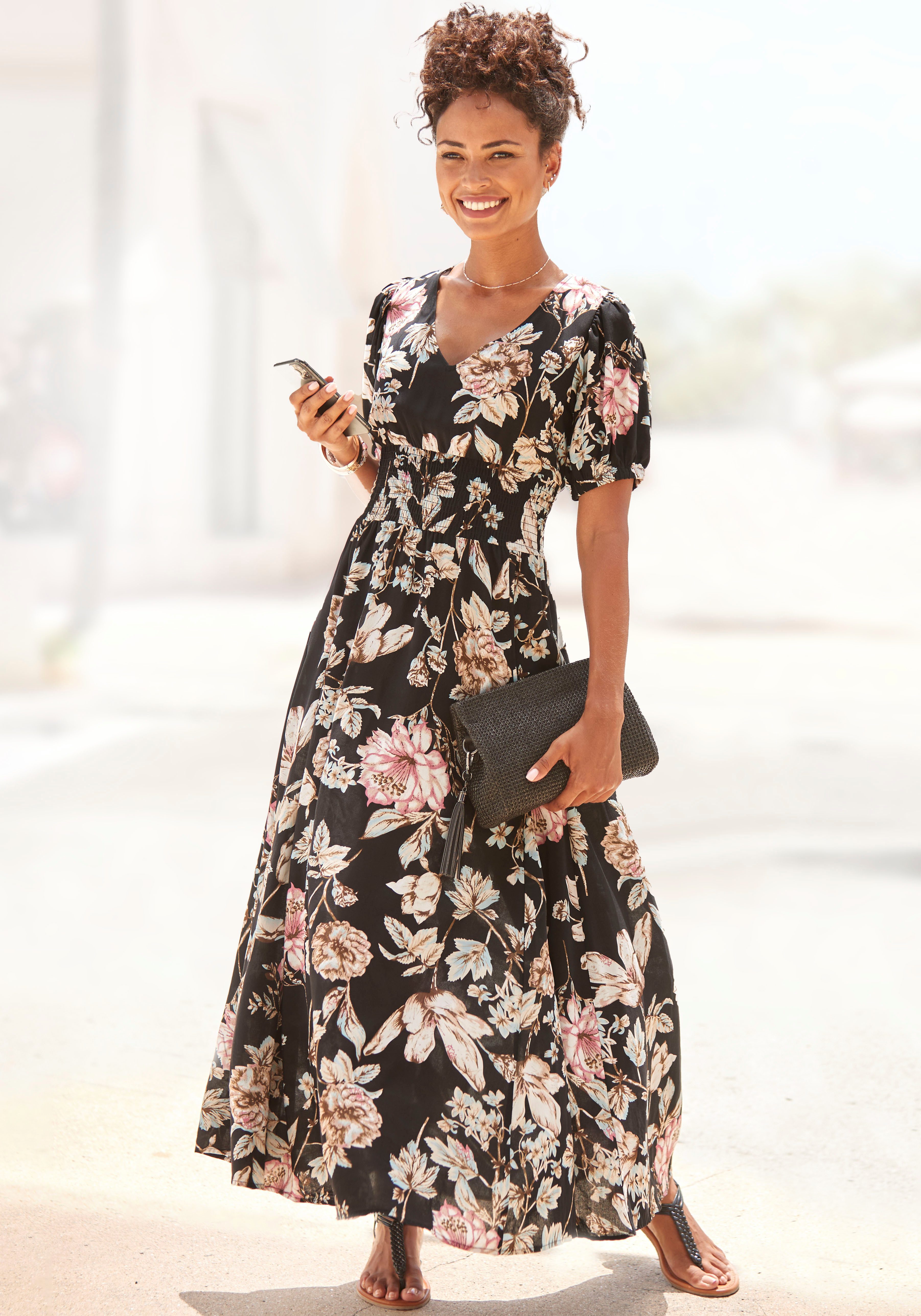 LASCANA Maxikleid mit Blumendruck und leichten Puffärmeln, Sommerkleid, cas günstig online kaufen