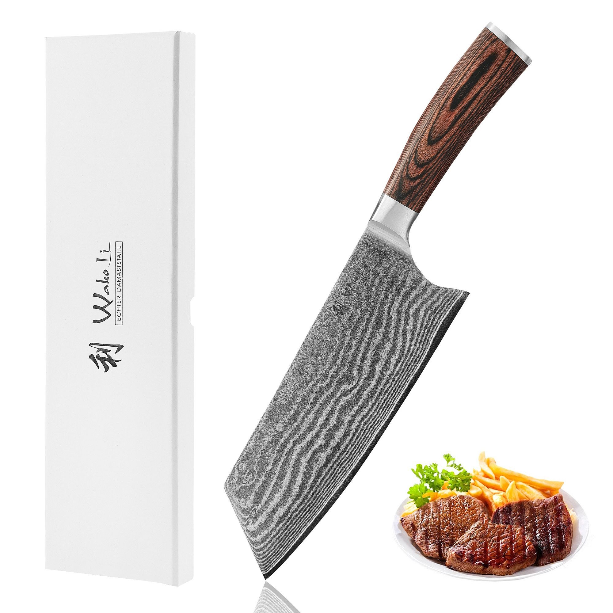 Wakoli Damastmesser Edib Chai Dao chinesisches Kochmesser 19cm Klinge Pakkaholzgriff, Küchenmesser aus 67 Lagen Damaststahl mit VG10 Kern inkl. Geschenkbox