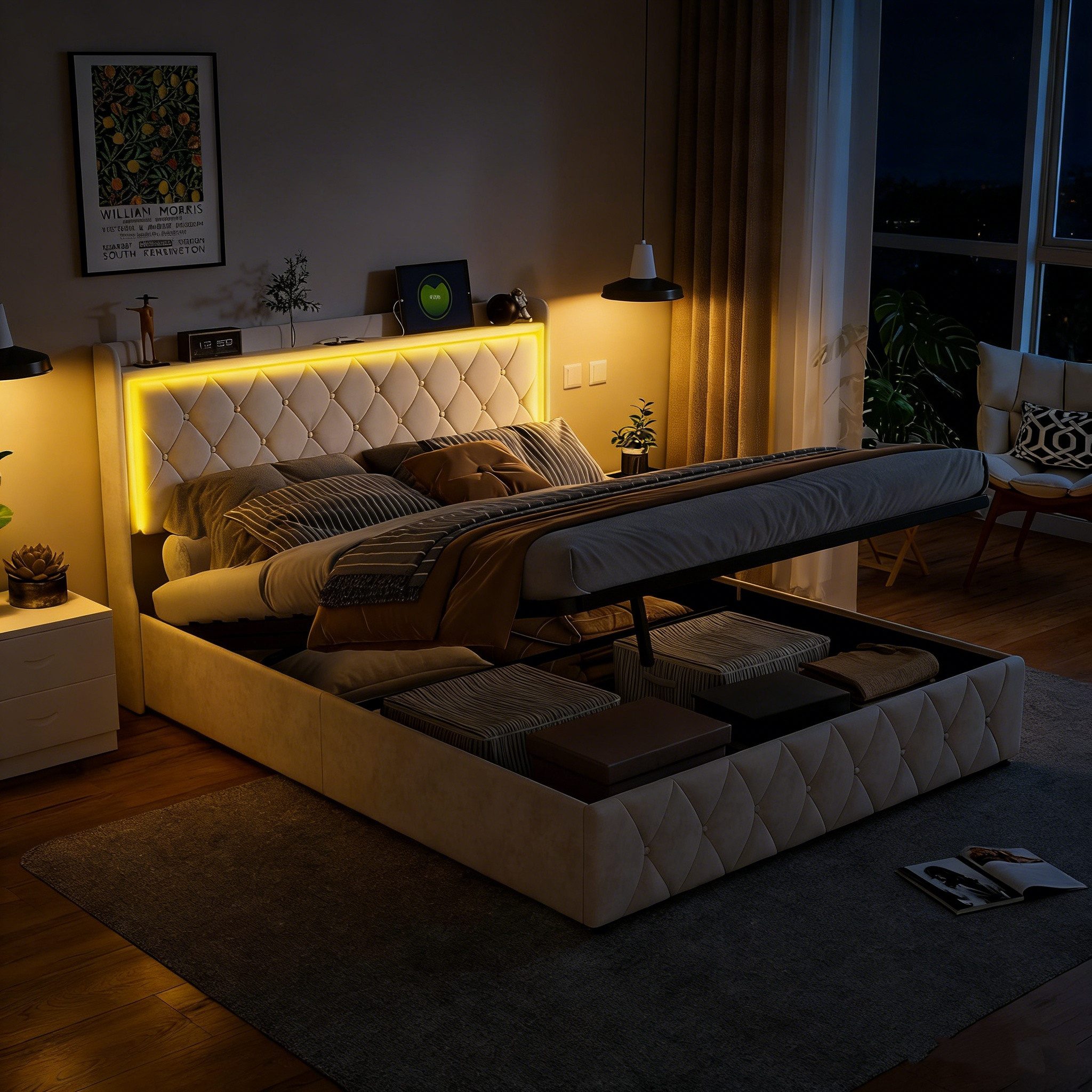 PXloue Funktionsbett Polsterbett Geeignet für kleine Wohnungen, Hydraulisches Doppelbett, mit LED-Leisten, Samtbezug, 160x200