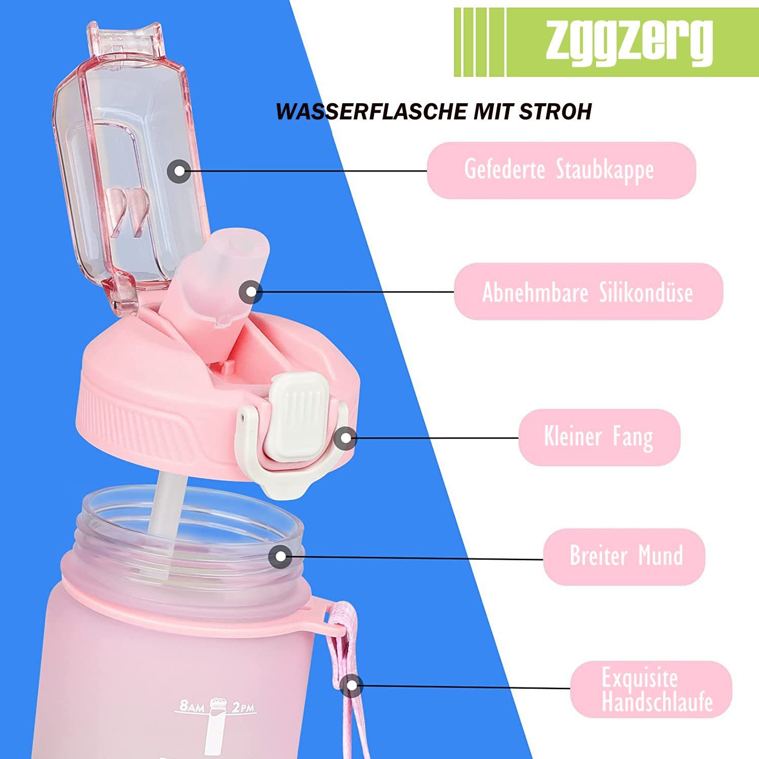 Strohhalm Zeitmarkierung 1L mit und Trinkflasche Pink zggzerg Trinkflasche Wasserflasche,