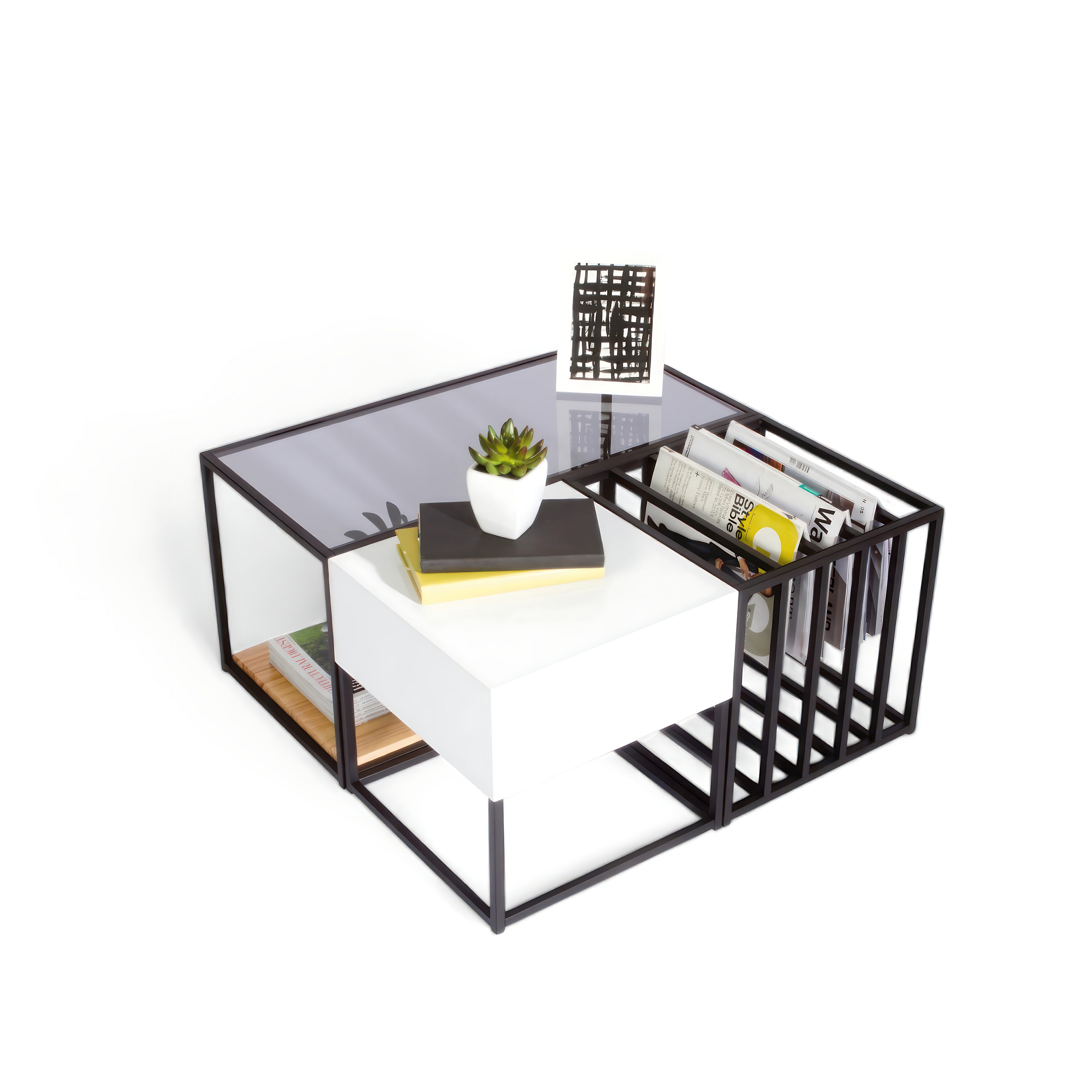 JVmoebel Couchtisch Konfigurierbarer Couchtisch mit schwarzem Metallrahmen und Rauchglas (Set), Made in Europe