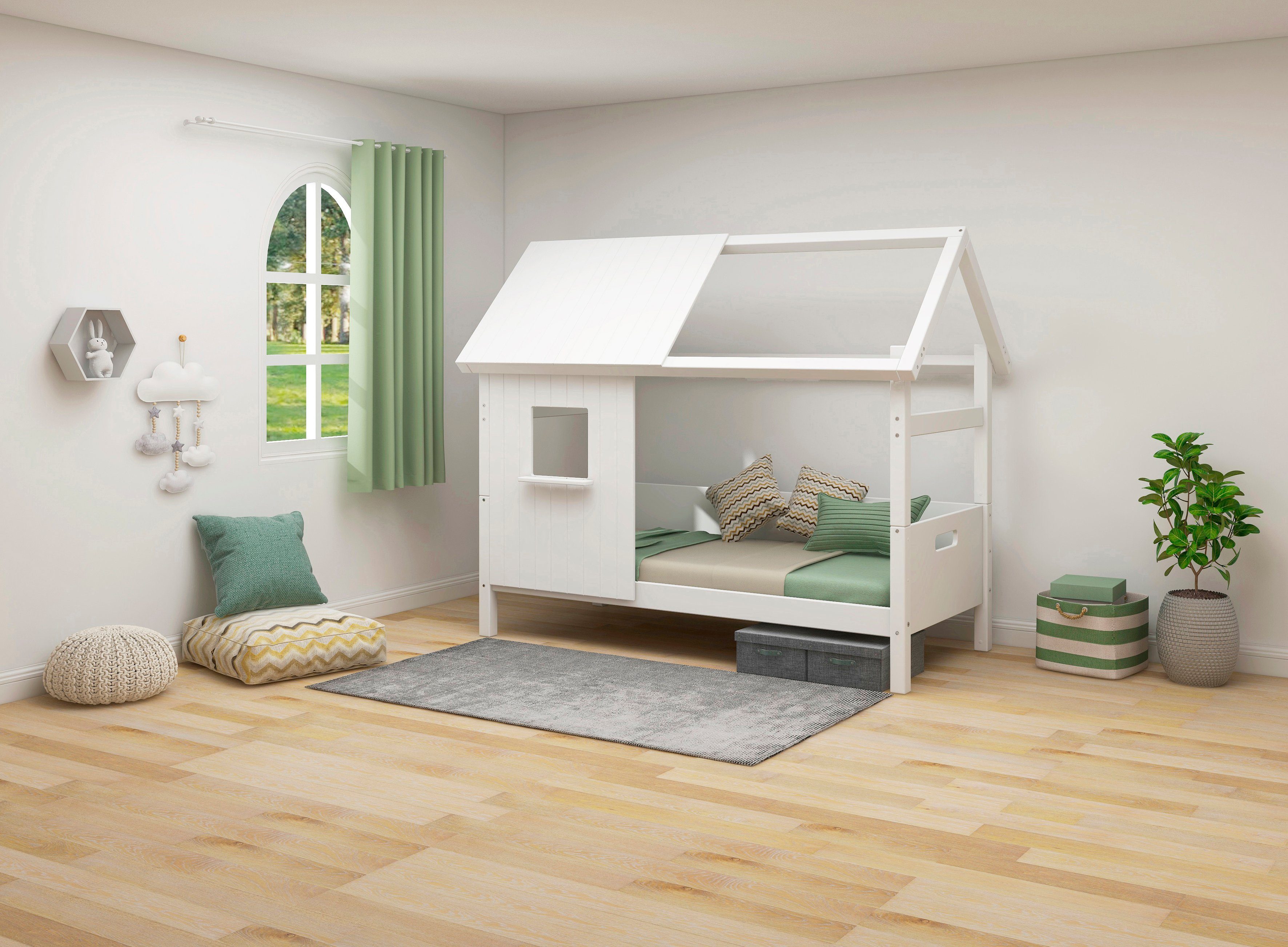 Thuka Hausbett Thuka Nordic, Kinderbett im Skandinavisches Design, incl Rollrost, Fenster im Dach