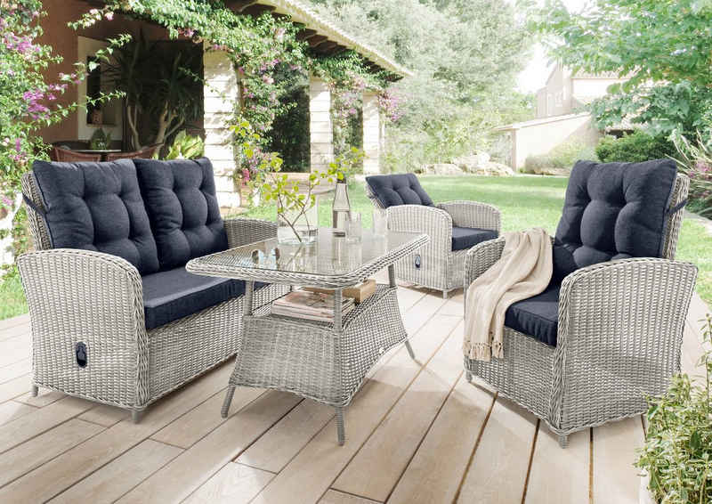 Destiny Gartenlounge-Set MERANO, (11-tlg), Polyrattan, 2 Sessel, 2er Sofa, 1 Tisch 120x77x66cm, inkl. Auflagen