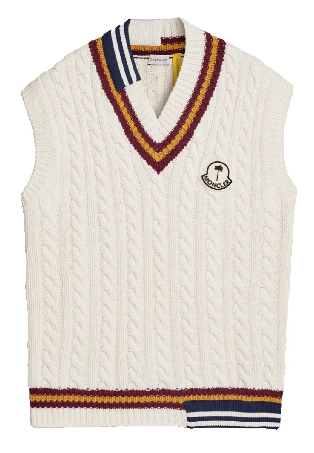 MONCLER Strickpullover Genius x Palm Angels Wollstrick Weste Off-White Teddy-Patch, grob gestricktes Zopfmuster