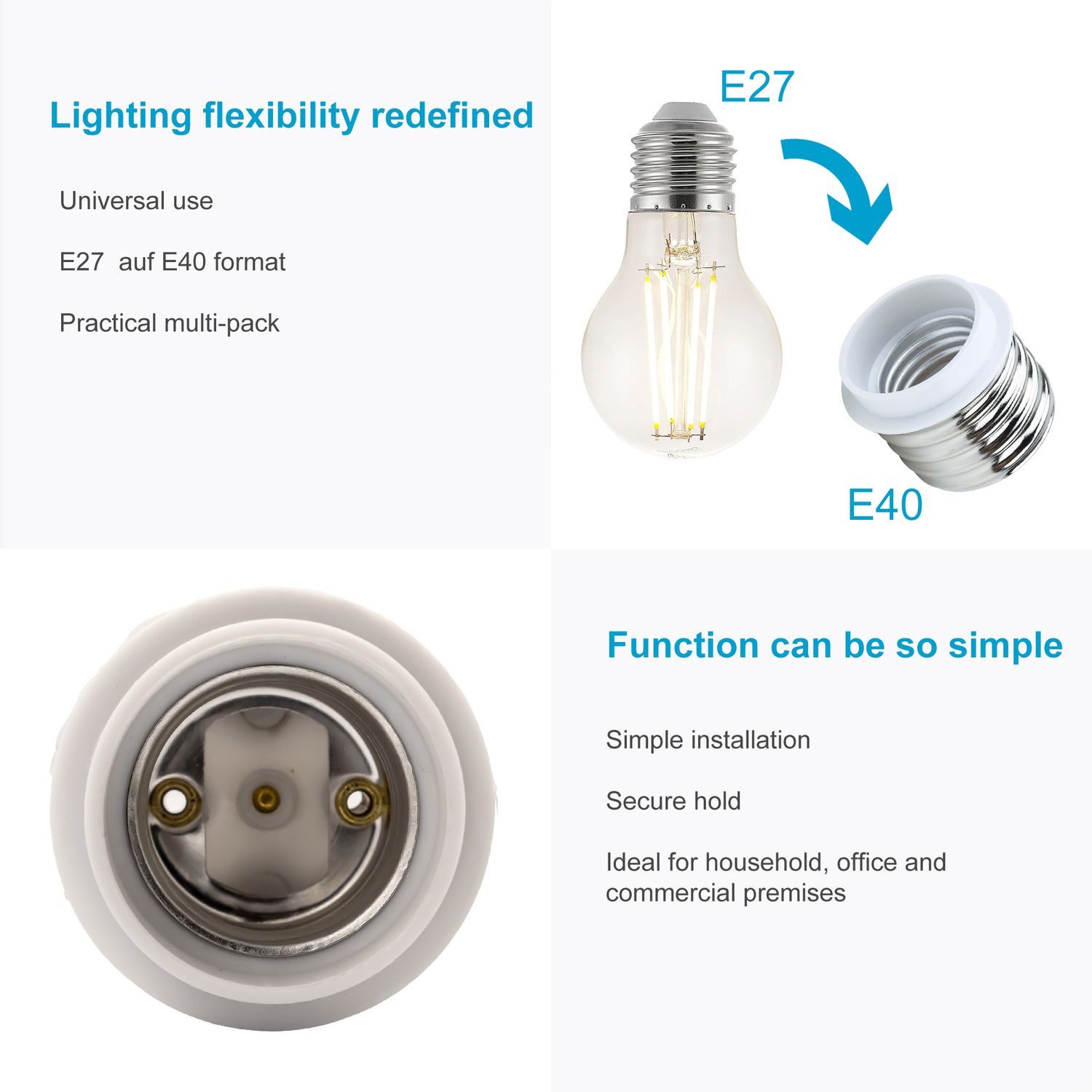 Intirilife Lampenfassung, (4-St), 4x E27 auf E40 Lampensockel Adapter in WEISS
