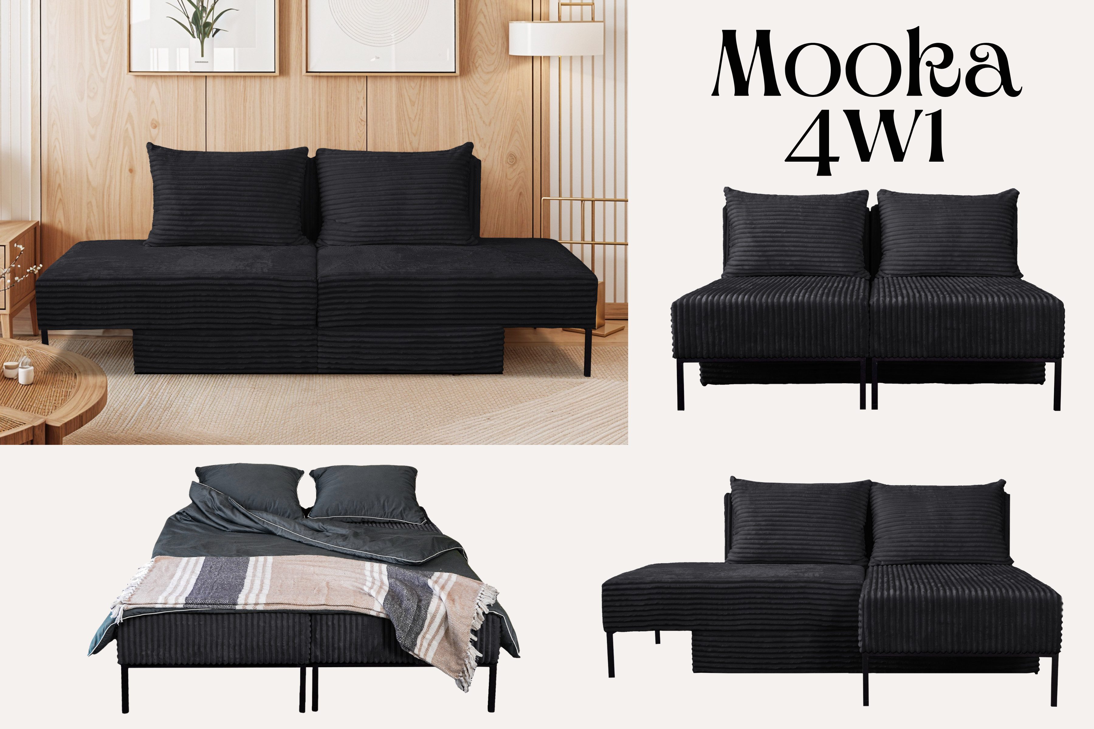 Kaiser Möbel Schlafsofa Ecksofa, Betten, Liegestuhl, MOOKA 4in1-Multifunktions-System