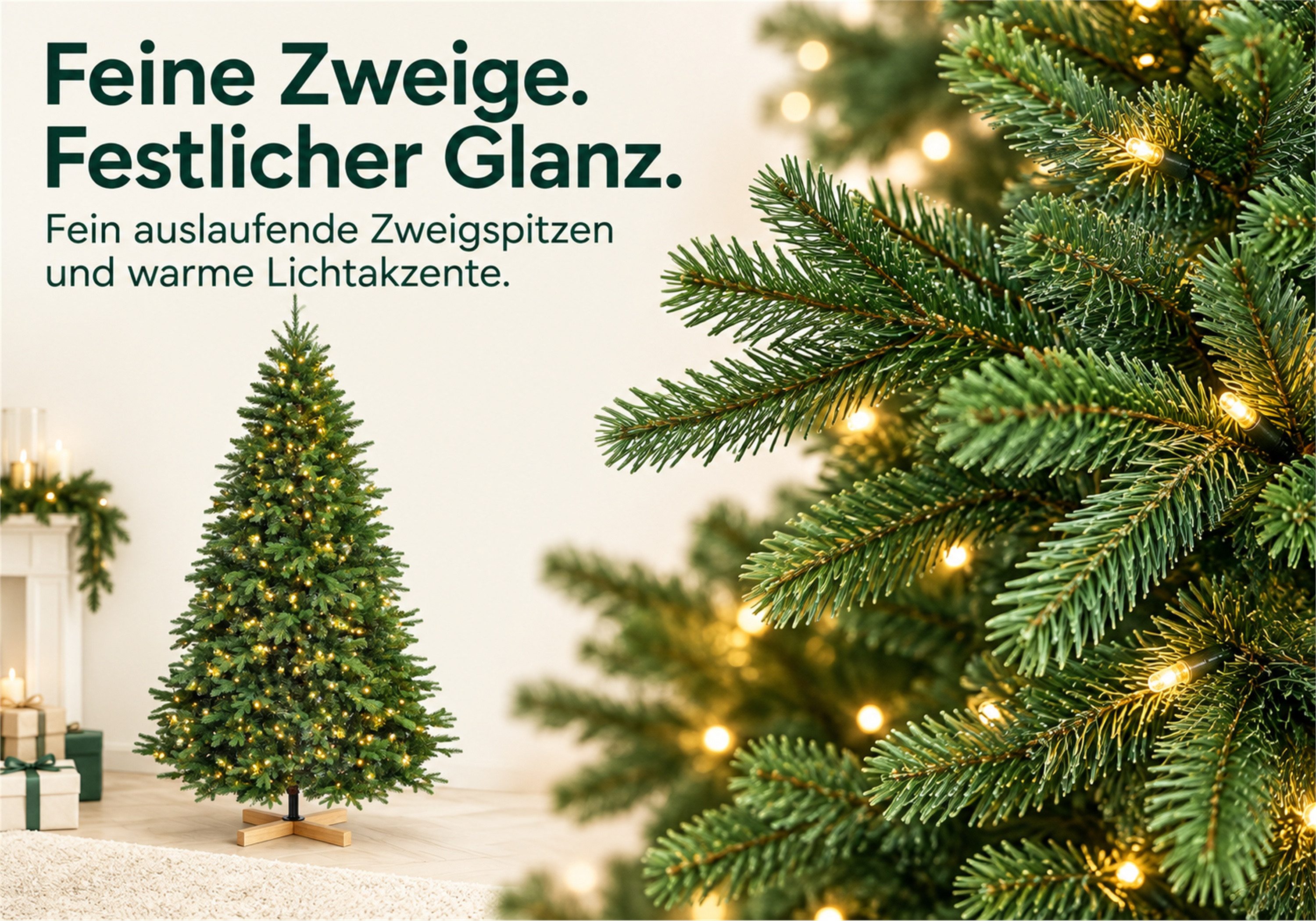 Vankel Künstlicher Weihnachtsbaum mit Beleuchtung, Holzständer, dichter Tannenbaum, grüne Weihnachtsdeko, Dichter Tannenbaum in Grün mit dekorativem Holzfuß und – Bild 3 von 5