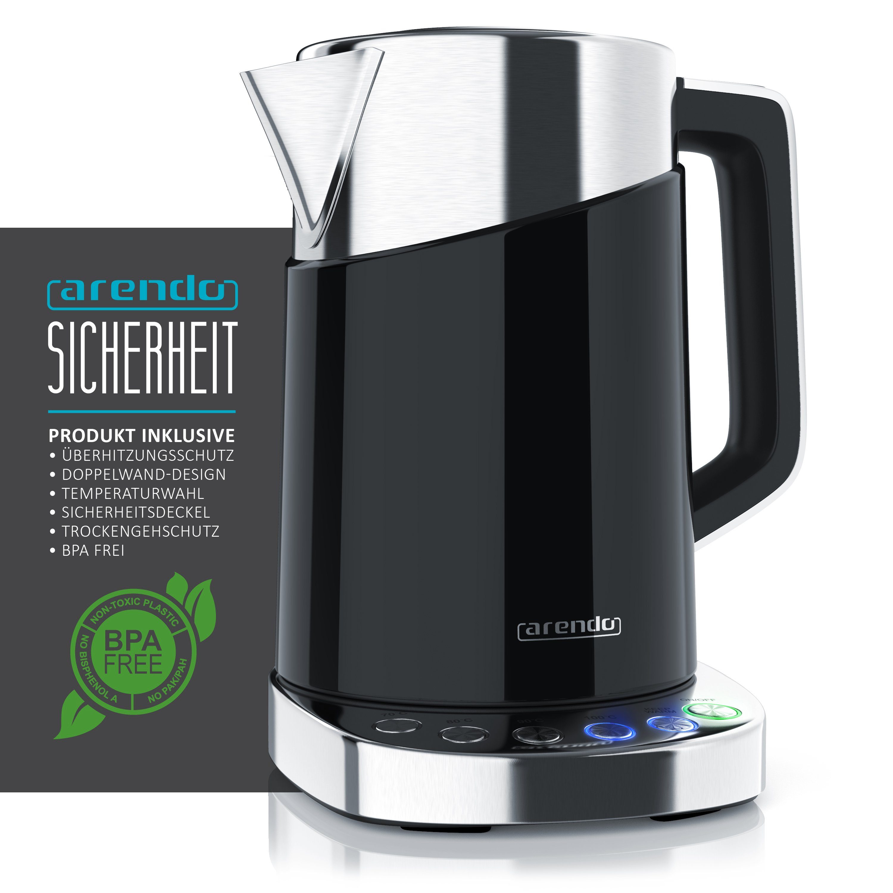 Arendo Wasserkocher Edelstahl, Schnellkoch Funktion, Temperatureinstellung 70° C - 100° C, 1,7 l, 3000 W, Digitale Basisstation, Warmhaltefunktion, Schnellkoch Teekocher