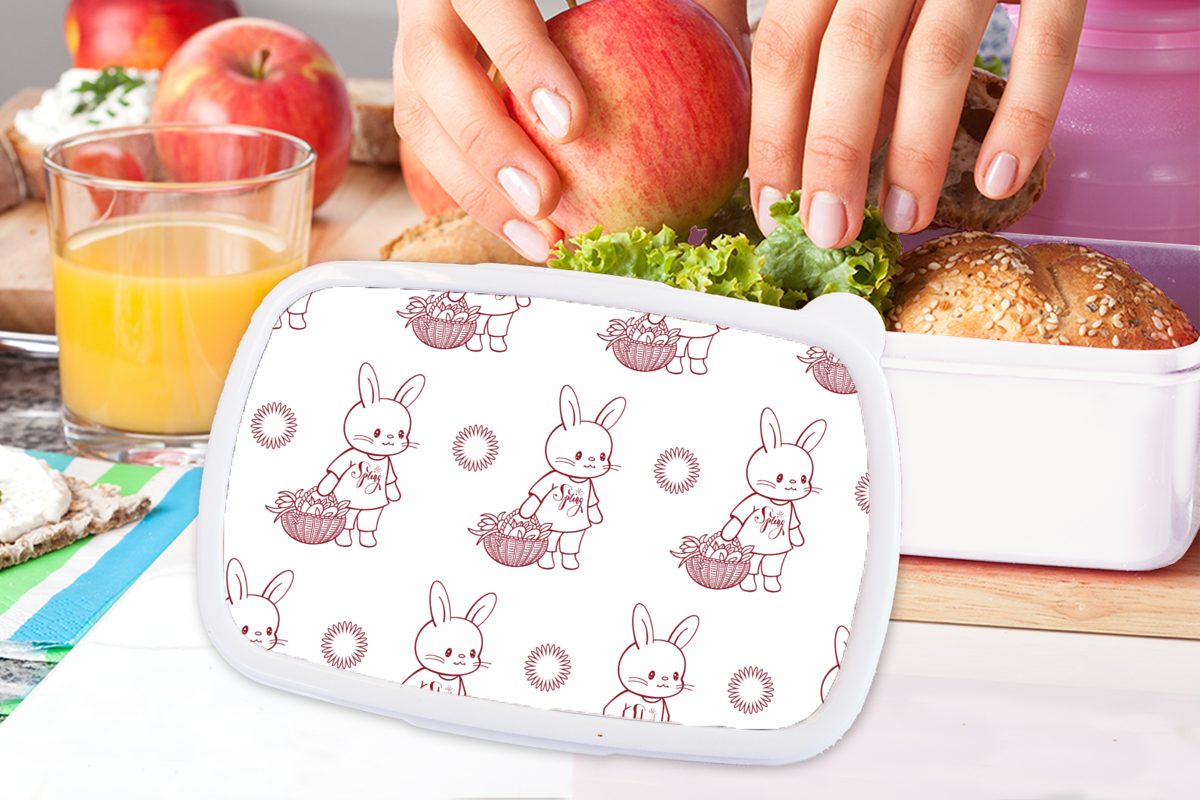 MuchoWow Lunchbox Kaninchen - Muster Mädchen für Tiere und weiß Kinder für Brotbox Brotdose, Cartoon, Jungs Erwachsene, Kunststoff, - (2-tlg), und 