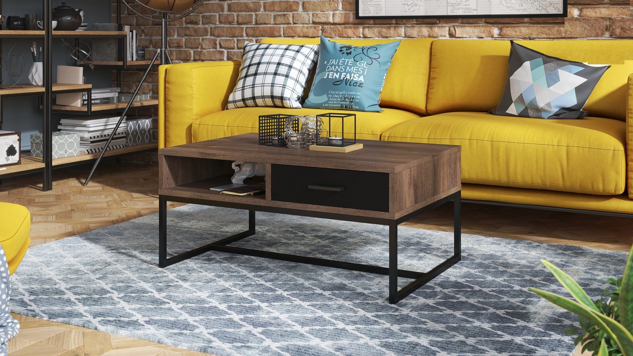 Mazzoni Couchtisch Design Tisch Nyx Wohnzimmertisch mit Schublade 60x90x40cm Ablage Eiche dunkel - Schwarz matt