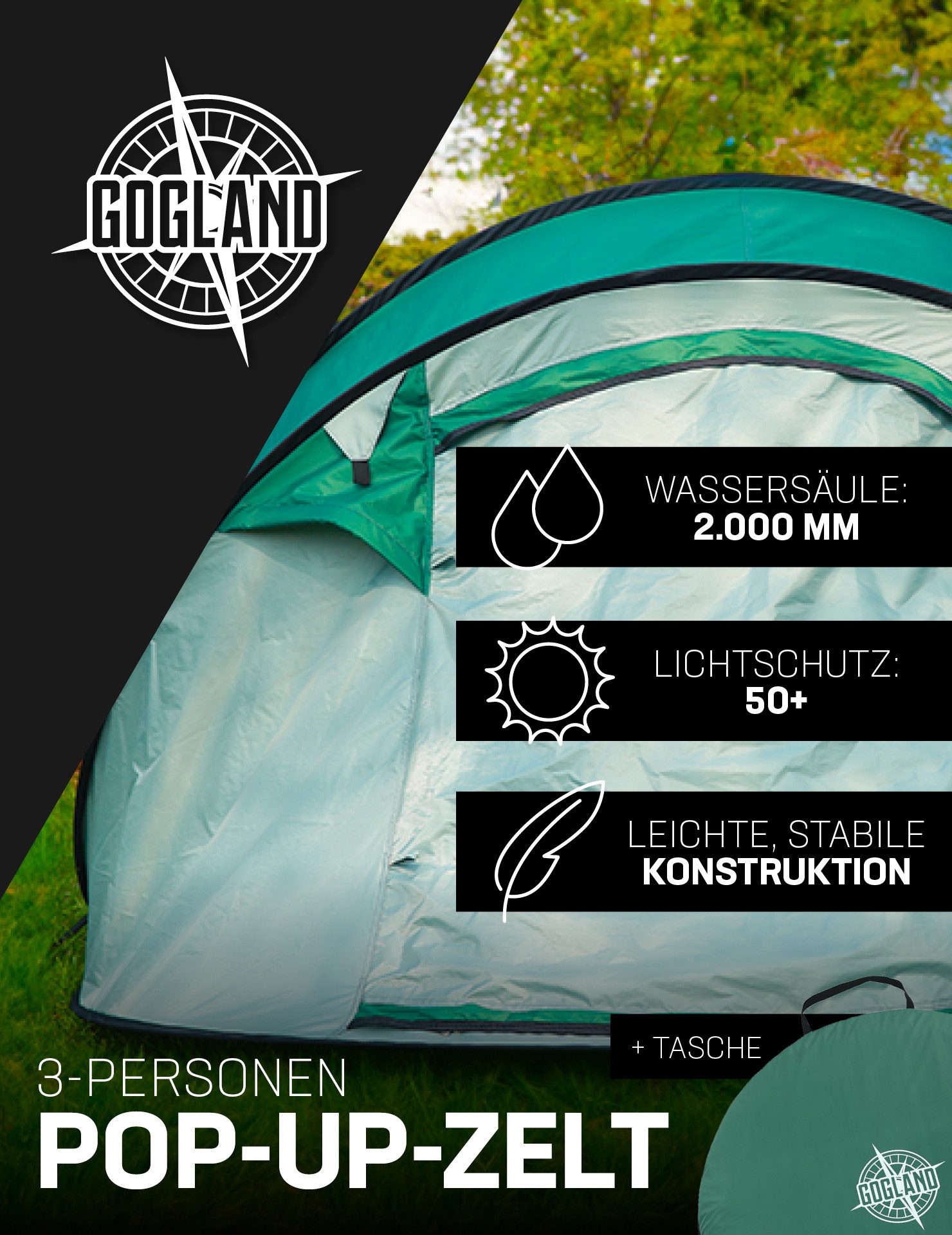 GOGLAND Wurfzelt Pop-Up 3 Personen-Camping-Zelt Wassersäule günstig online kaufen
