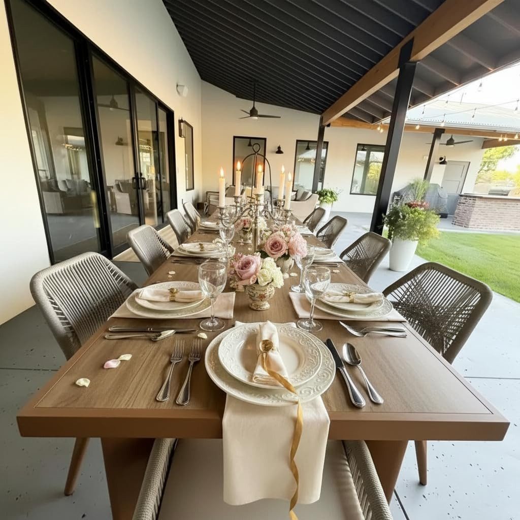 PURPLE LEAF Garten-Essgruppe Gartenmöbel Rattan Teakoptik Aluminium mit Kissen, Landhausstil, (Set), mit Kissen und Rückenlehne