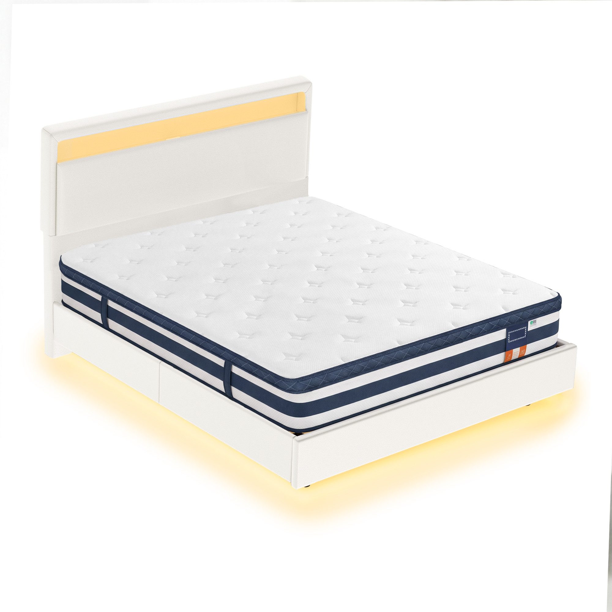VASAGLE Polsterbett Bettgestell, Doppelbettgestell, Bett mit LED-Beleuchtung, wolkenweiß