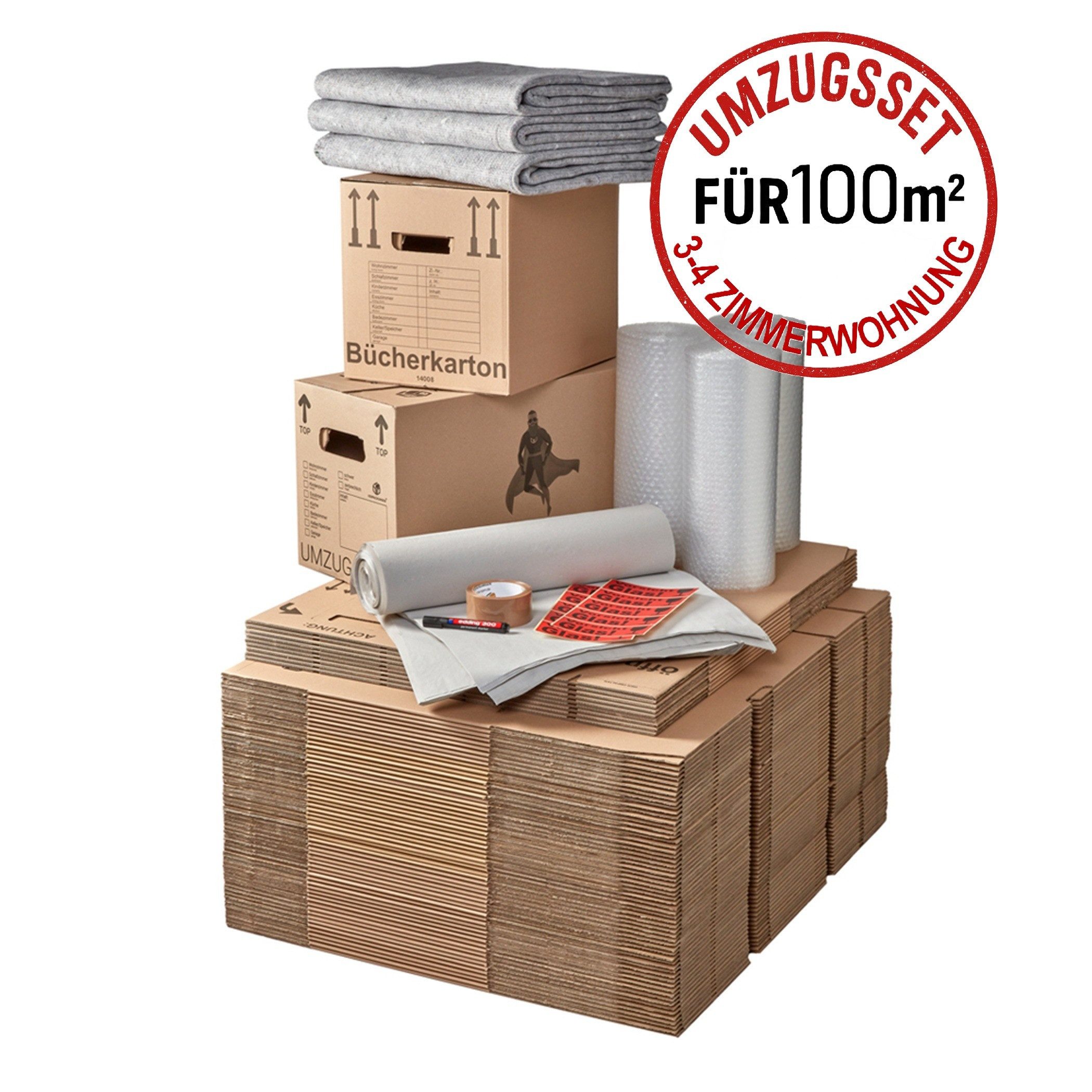 BB-Verpackungen Umzugskarton Umzugskomplettpaket Umzugsset, 3 bis 4 Zimmer-Wohnung, für 100 m²