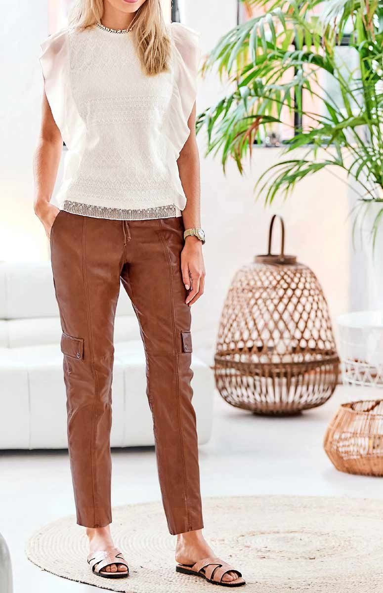 heine Lederhose LINEA TESINI Damen Designer-Lammnappaleder-Hose, cognac