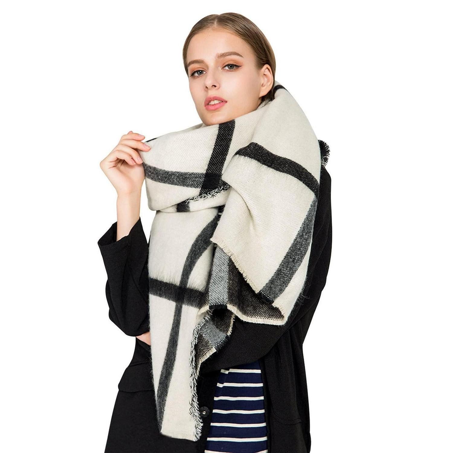 LuxusKollektion XXL-Schal Damen Schal Kariert 190x85CM Weiß