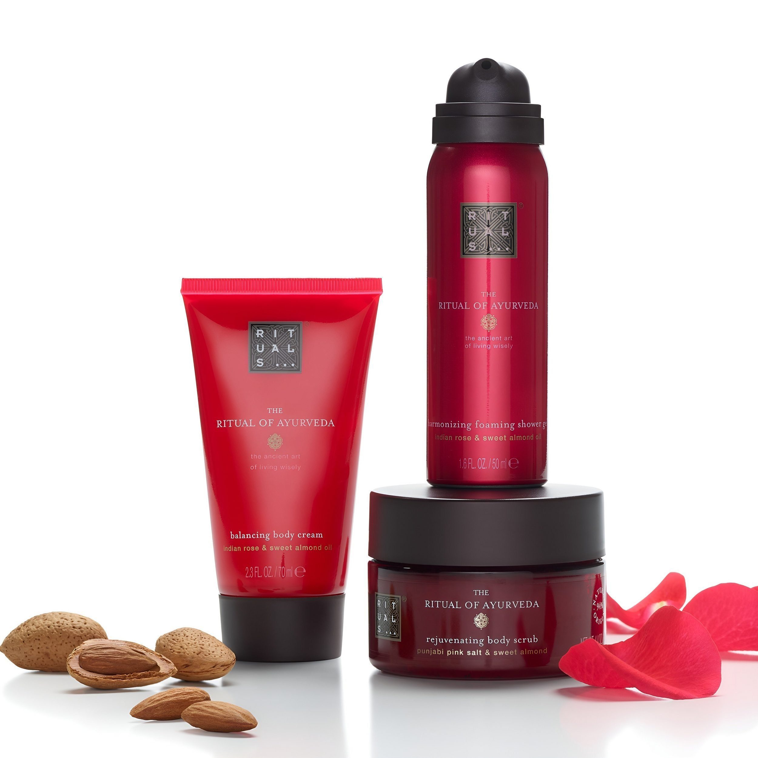 Rituals Körpercreme The Ritual of Ayurveda Try Me Set – 3-teilig, 3-tlg., Duschschaum, Körperpeeling & Body Cream im Geschenkset