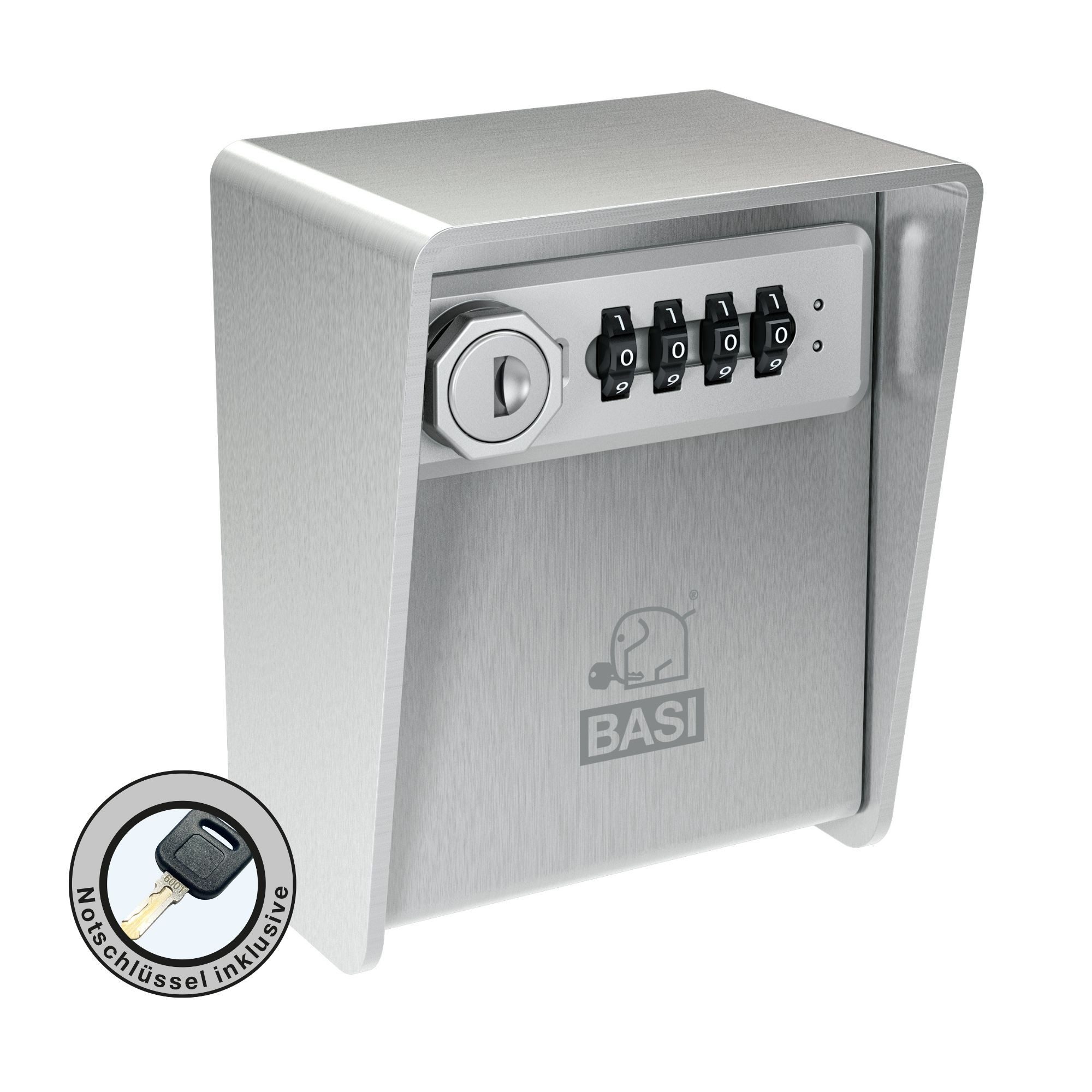 BASI Tresor Schlüsselsafe, aus Edelstahl, H12,2xB9,7xT7,0 cm (Packung), mit 4-stelligem Zahlenschloss, 1 Notschlüssel, 2 Schlüsselhaken