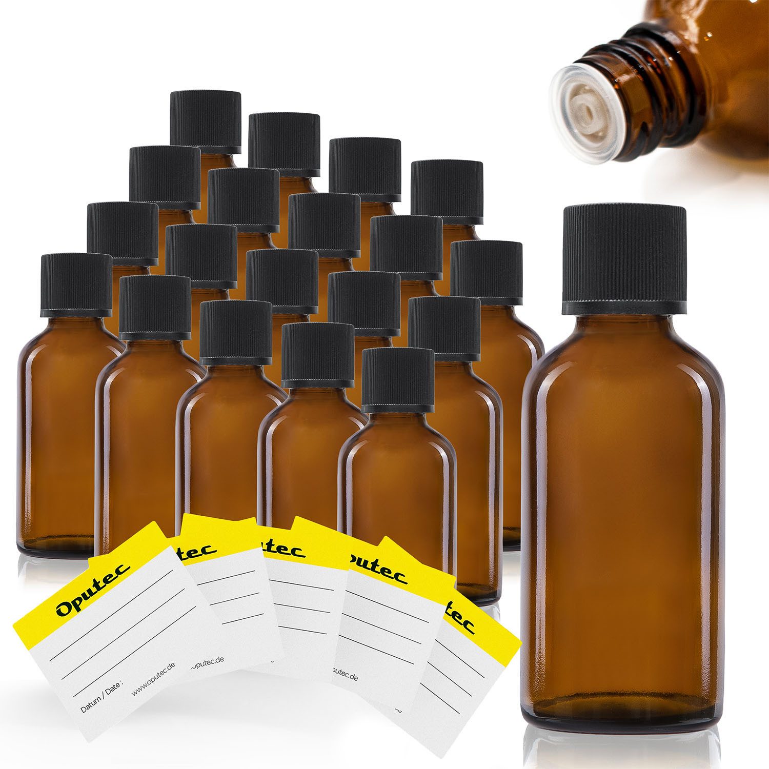 Oputec Kanister 20x 30ml Tropfflaschen Glas Apothekerflaschen mit Tröpfler + Etiketten (Spar-Set, 20 x 30ml)