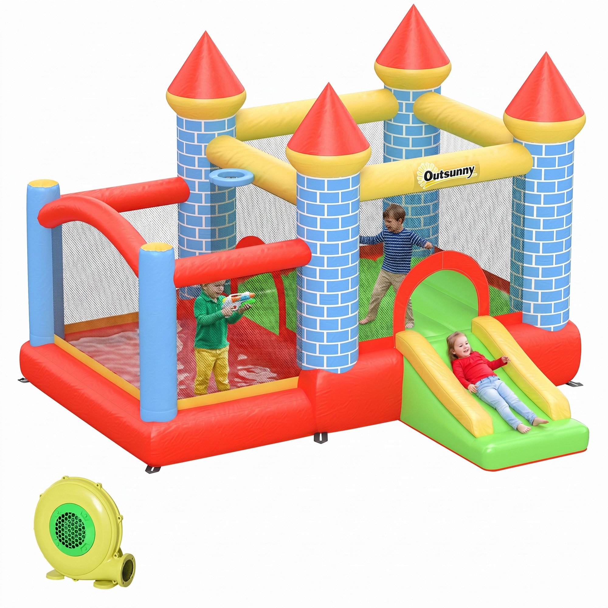 Outsunny Hüpfburg Aufblasbare Kinderhüpfburg mit Gebläse, Rutsche, 280x260x210cm, (Spielburg, 1-tlg., Springburg), für Außenbereich, Rot+Blau+Grün