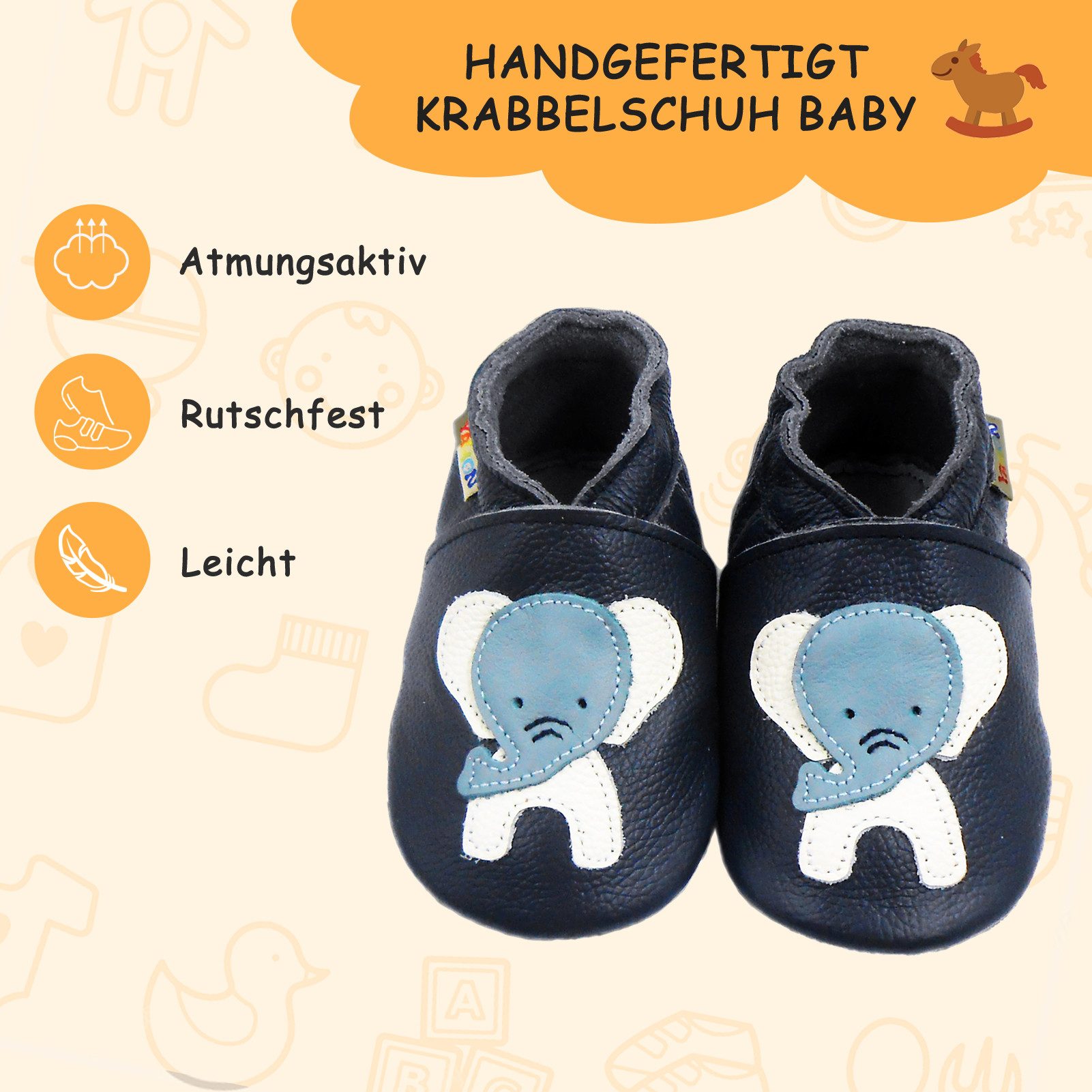 Yalion Yalion Leder-Krabbelschuhe Elefant Dunkelblau – Weiche Lauflernschuhe Krabbelschuh