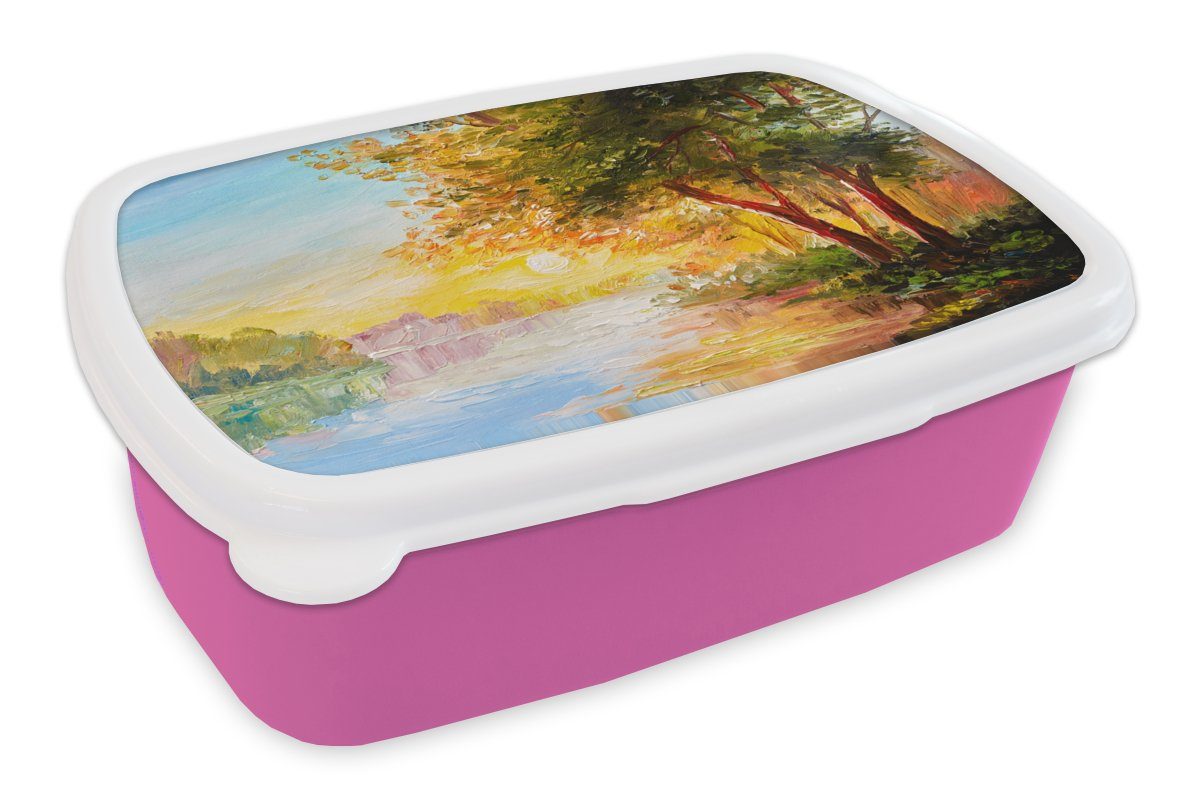 Malerei Snackbox, Brotdose Kinder, Erwachsene, Lunchbox - - Brotbox - (2-tlg), Baum Wasser, Kunststoff, Mädchen, Kunststoff Natur MuchoWow rosa für