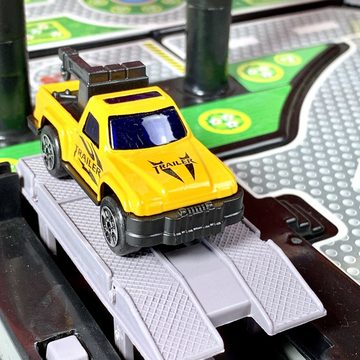 TikTakToo Spiel-Parkhaus Parkgarage mit 4 Autos und 1 Hubschrauber (komplettes Spiel-SET, mit Werkstatt und Tankstelle), 5 Ebenen, mit Fahrstuhl,. 5 Metall-Spielzeugautos. Helikopter