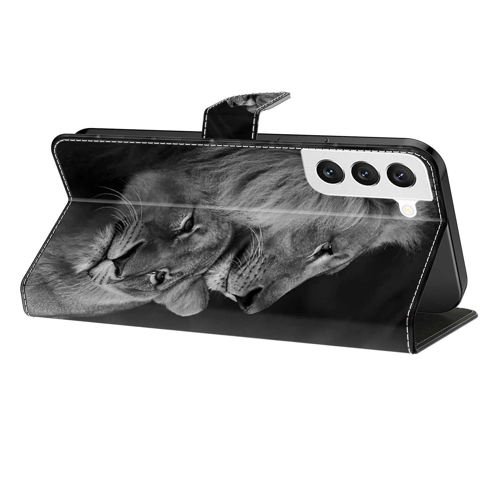CLM-Tech Handytasche für Samsung Galaxy A16 / A17 5G Hülle aus PU Leder Klapphülle (Löwe in schwarz grau, Handyhülle mit Standfunktion - Wallet Flip Case inklusive Kartenfächer), Cover mit Magnetverschluss